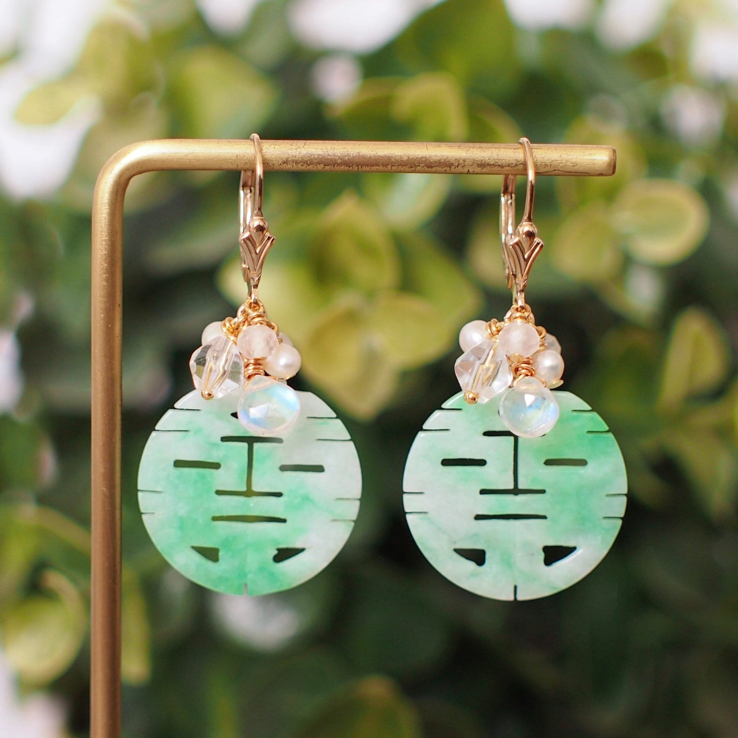Type A Carved 囍 Jadeite Statement Earrings // Gem Cluster // 14K Gold-filled // Graceful & Elegant