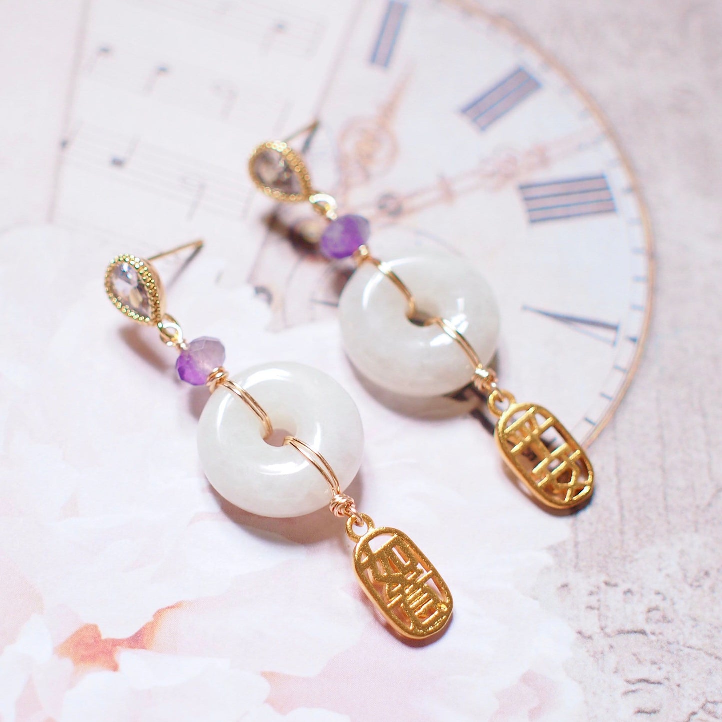 Type A Burmese Jade Donut Earrings // Red Chalcedony // Charms of Blessings // 14K Gold-filled // Oriental Theme