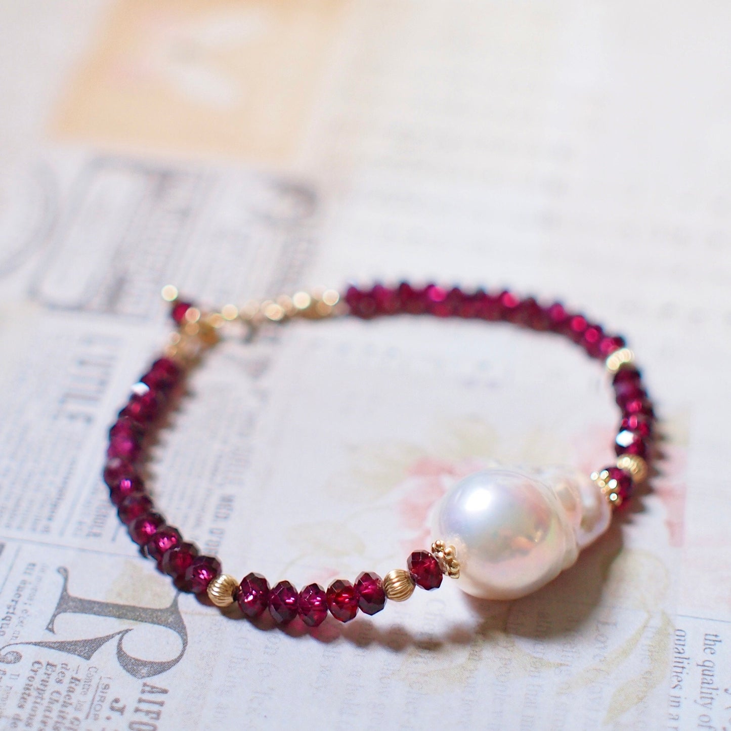 White Baroque Pearl x Garnet Bracelet // Bold & Elegant // 14K Gold-filled