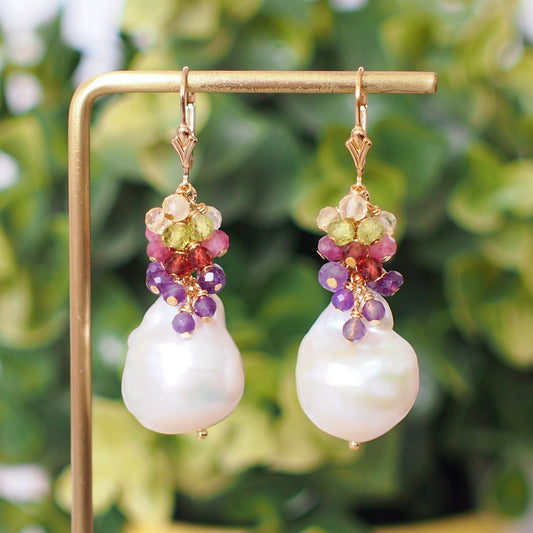 Baroque Pearl Earrings // Flameball Pearls// Colourful Gems Cluster // Elaborated // 14K Gold-filled // Elegant & Gorgeous