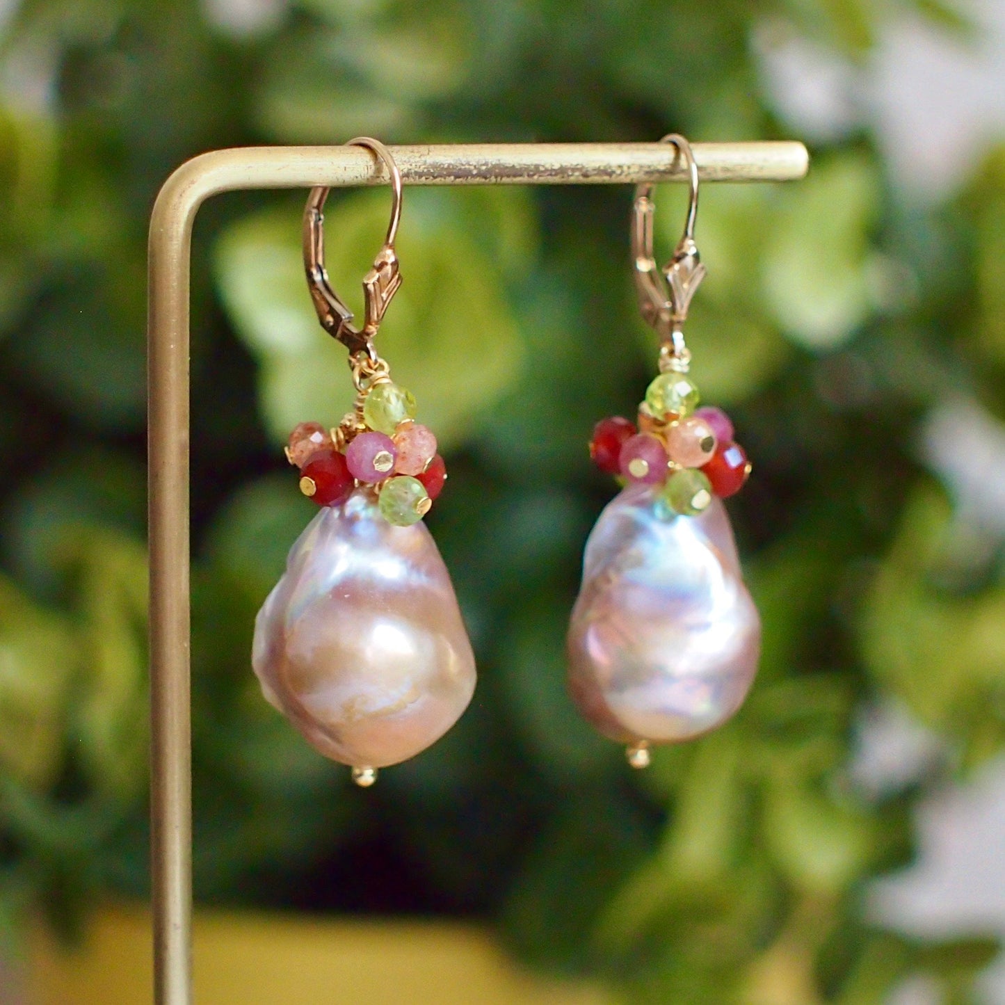 Rainbow Baroque Pearl Earrings // Gems Cluster // Flameball Pearls // 14K Gold-filled