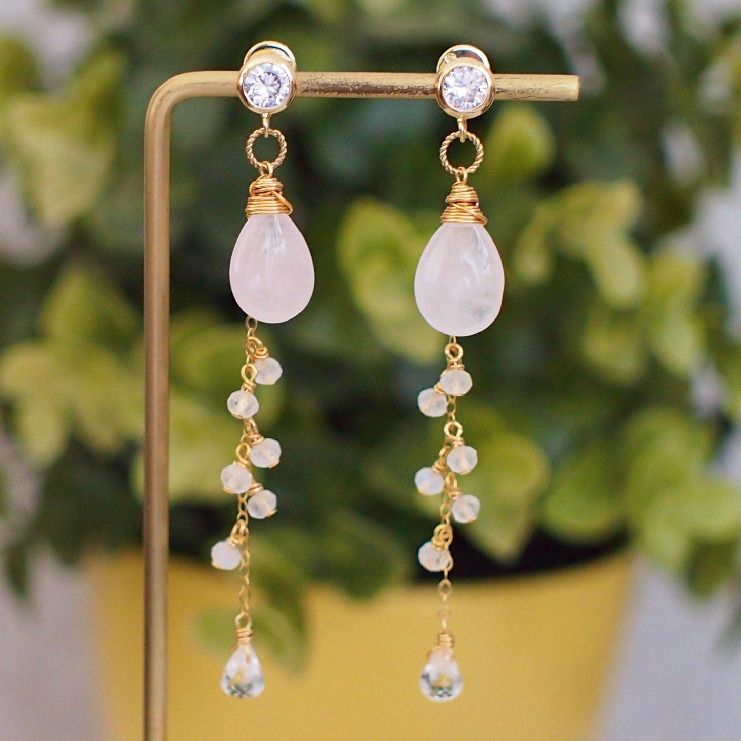 Rose Quartz Earrings // Dangling Style // Moonstones // 14K Gold-filled // Wire-wrapped // Sweet & Tasteful