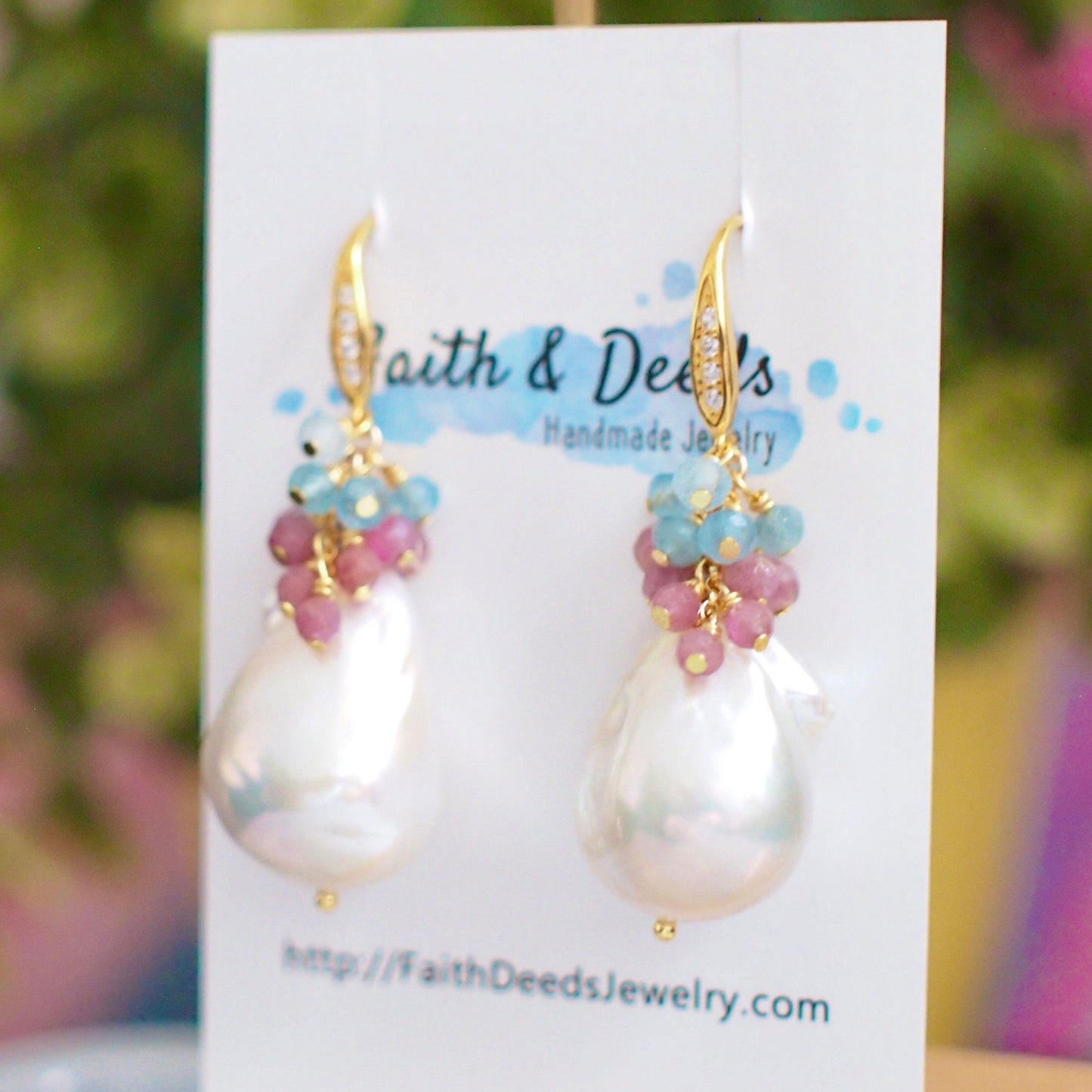 Baroque Pearl Earrings // Statement Earrings // Gems Cluster // Pink Tourmaline x Aquamarine // 14K Gold-filled