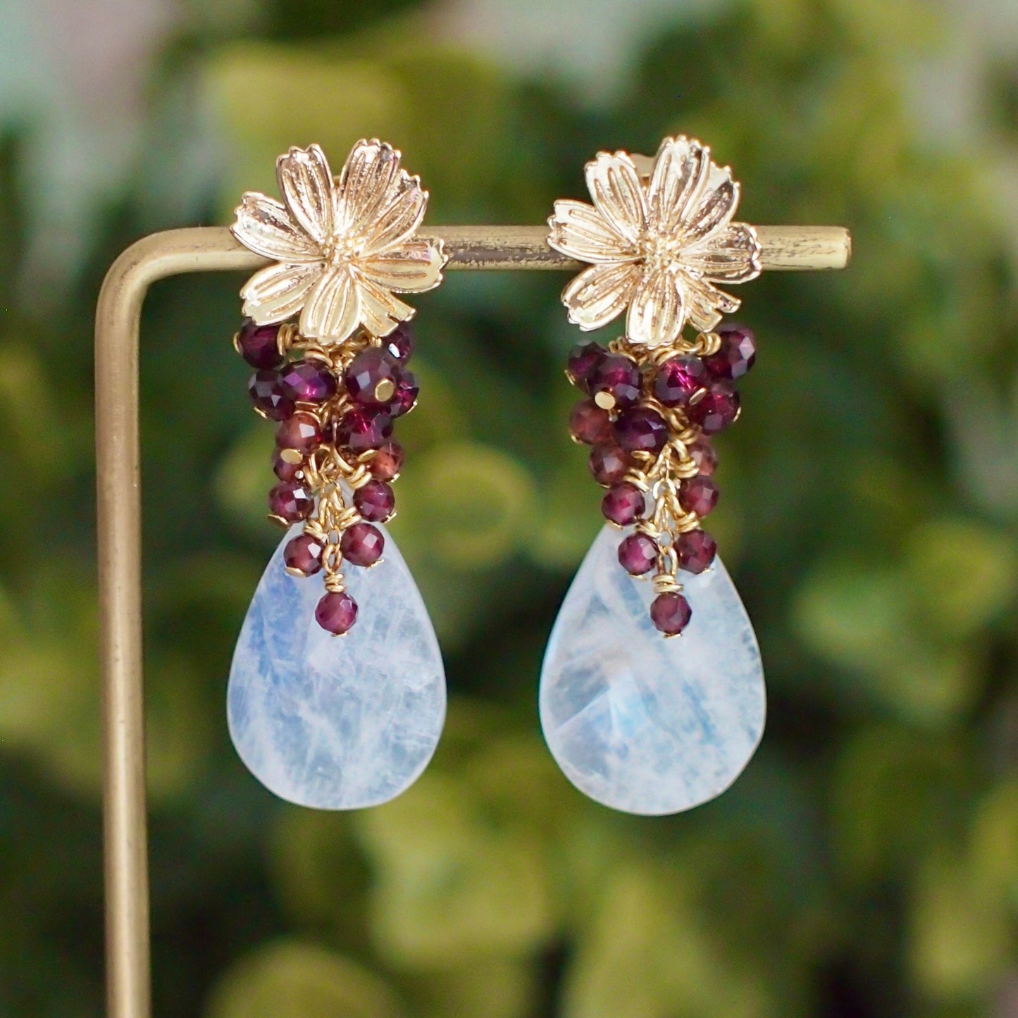 Rainbow Moonstone Earrings // Statement Earrings // Garnet Cluster // Regal & Elegant