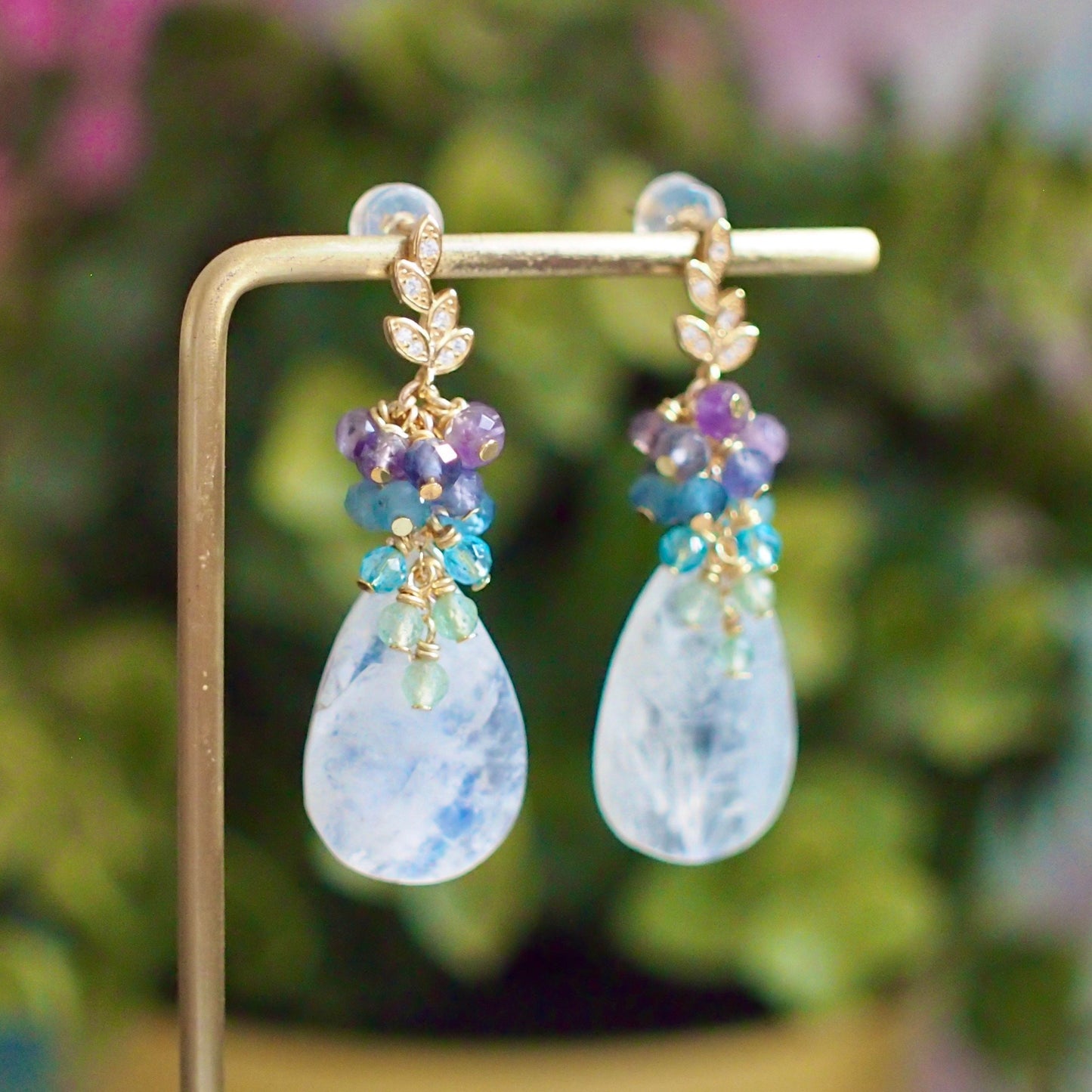 Rainbow Moonstone Earrings // Statement Earrings // Gems Cluster // Whimsical Colour // One of a Kind