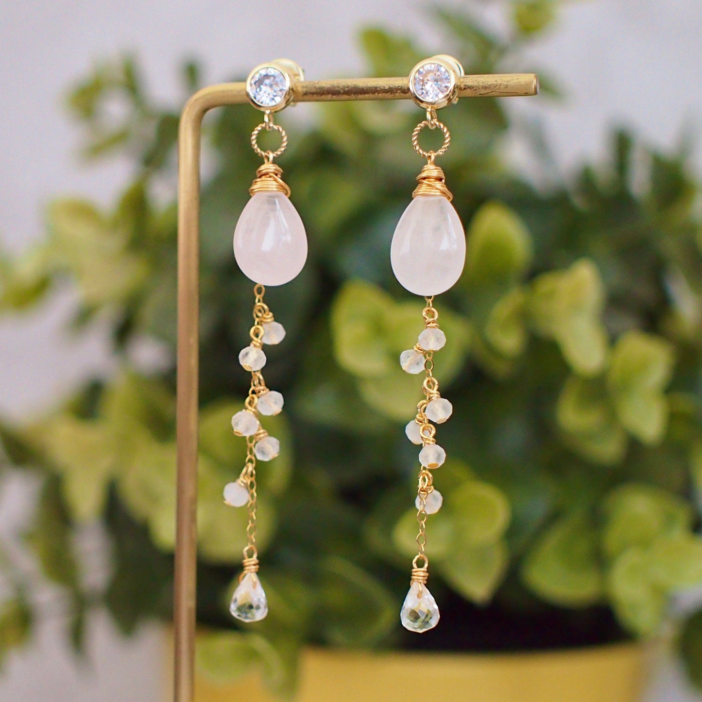 Rose Quartz Earrings // Dangling Style // Moonstones // 14K Gold-filled // Wire-wrapped // Sweet & Tasteful