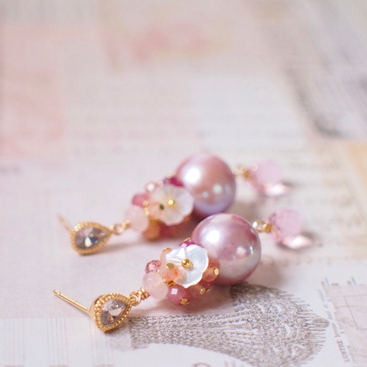 Purple Edison Pearl x Pink Quartz Earrings // Gem Cluster // 14K Gold-filled // Sweet & Unique