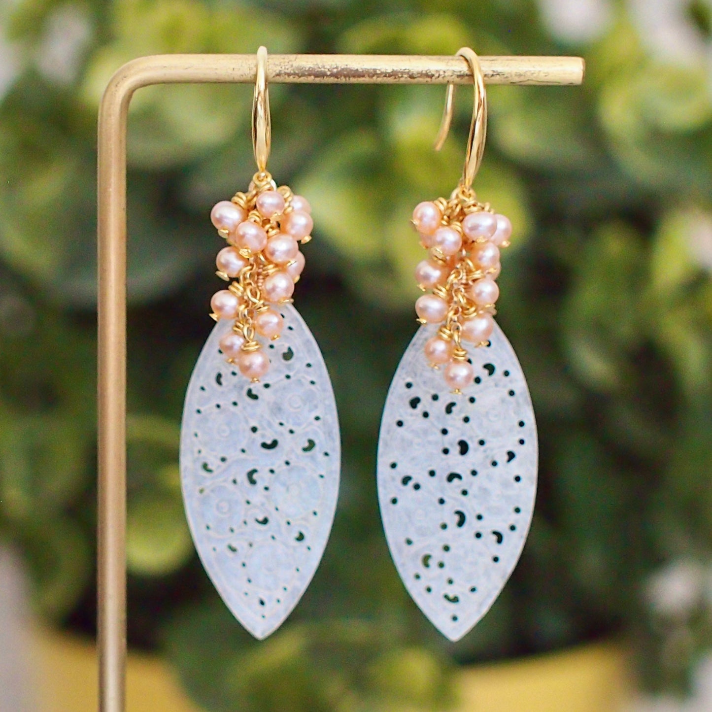 Type A White Carved Jadeite Statement Earrings // Peach Pearl Cluster // 14K Gold-filled // Graceful & Regal