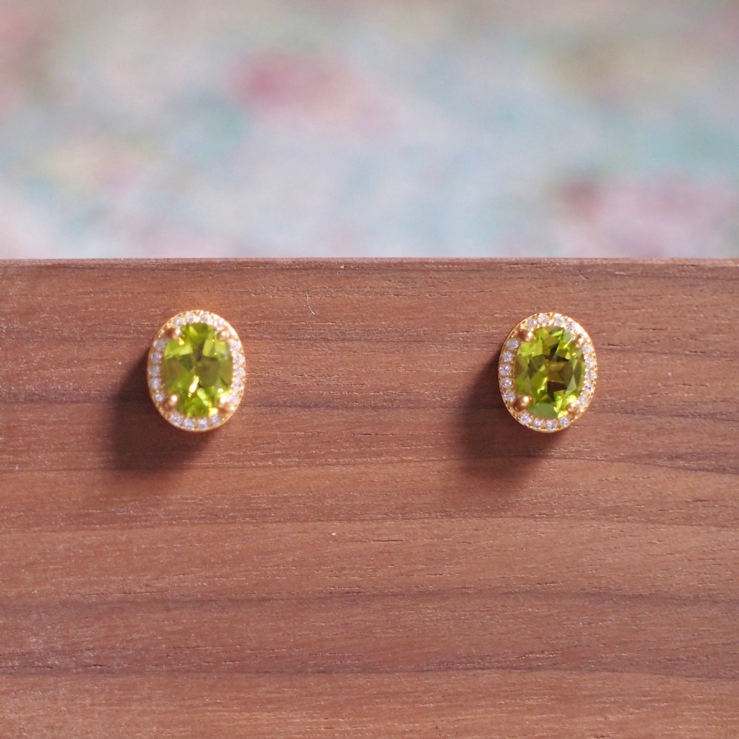 Peridot Earrings // Halo Setting // Cubic Zirconia // 18K Yellow Gold Plated Over Silver