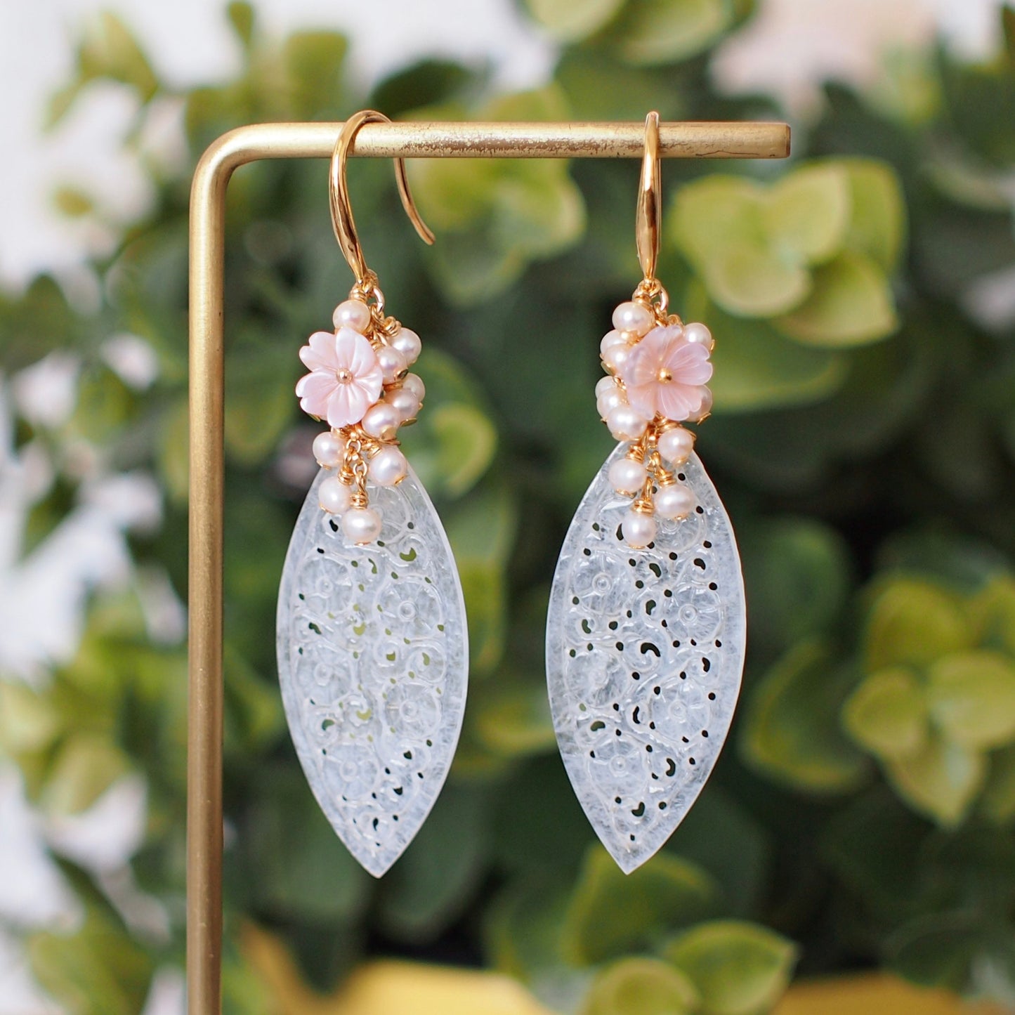 Type A White Carved Jadeite Statement Earrings // Pearl Cluster // 14K Gold-filled // Graceful & Sweet