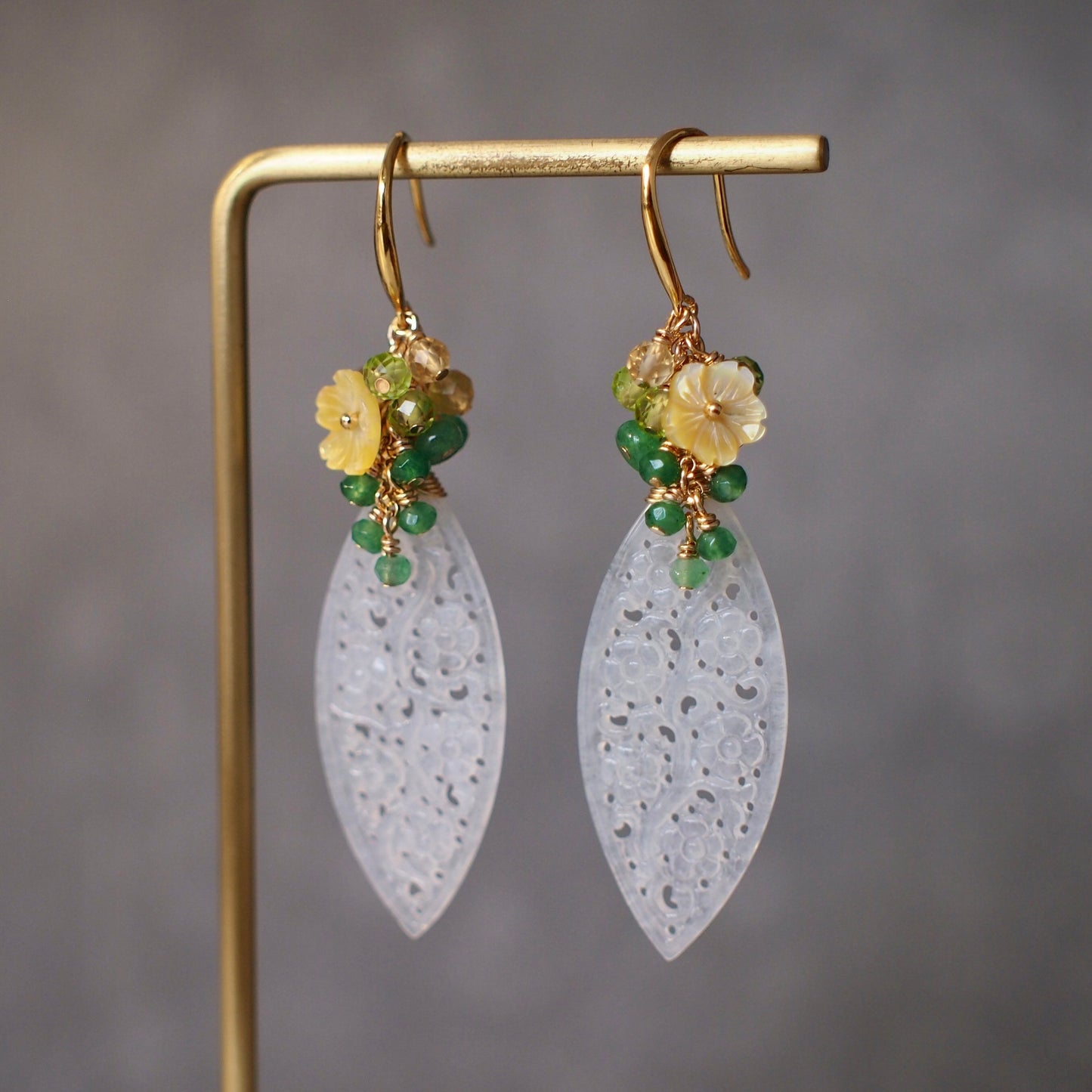 Type A White Carved Jadeite Statement Earrings // Gem Cluster // Aventurine x Peridot x Citrine Quartz // 14K Gold-filled// Modern & Elegant
