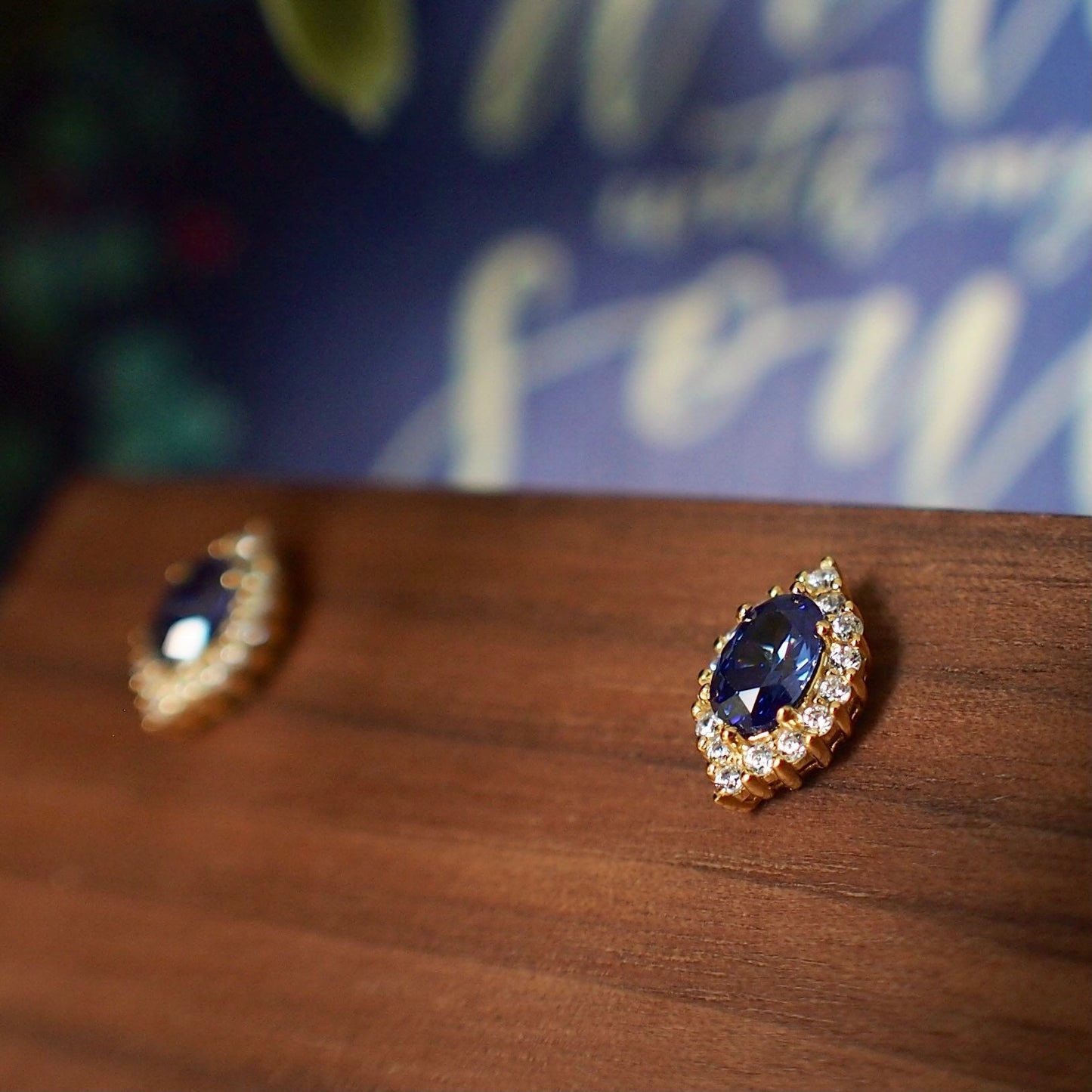 Blue Spinel Earrings // Halo Setting // Cubic Zirconia // 14K Yellow Gold Plated Over Silver