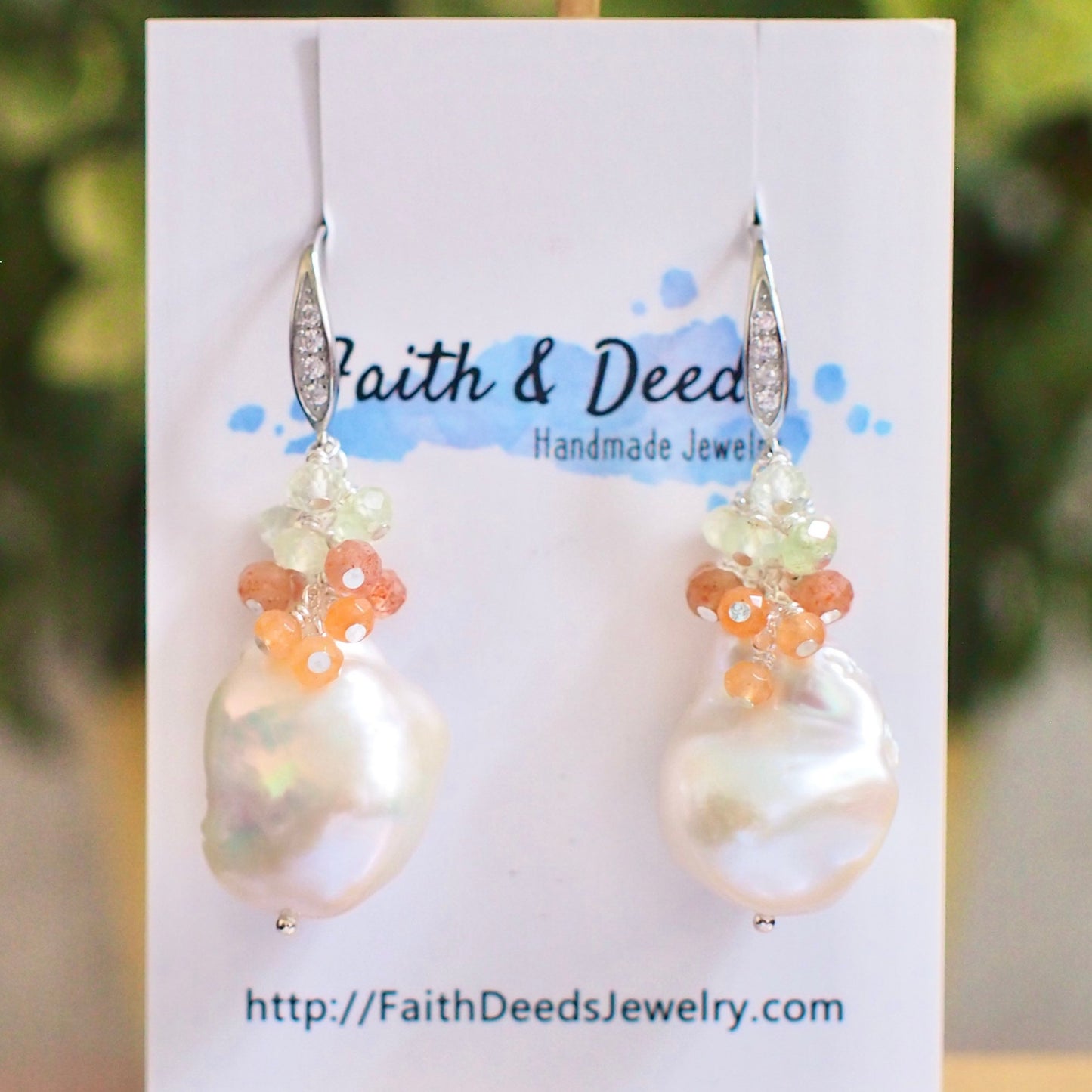 Baroque Pearl Earrings // Statement Earrings // Gems Cluster // Sunstone x Prehnite // 925 Sterling Silver