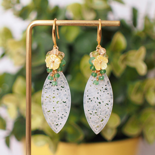 Type A White Carved Jadeite Statement Earrings // Gem Cluster // Aventurine x Peridot x Citrine Quartz // 14K Gold-filled// Modern & Elegant