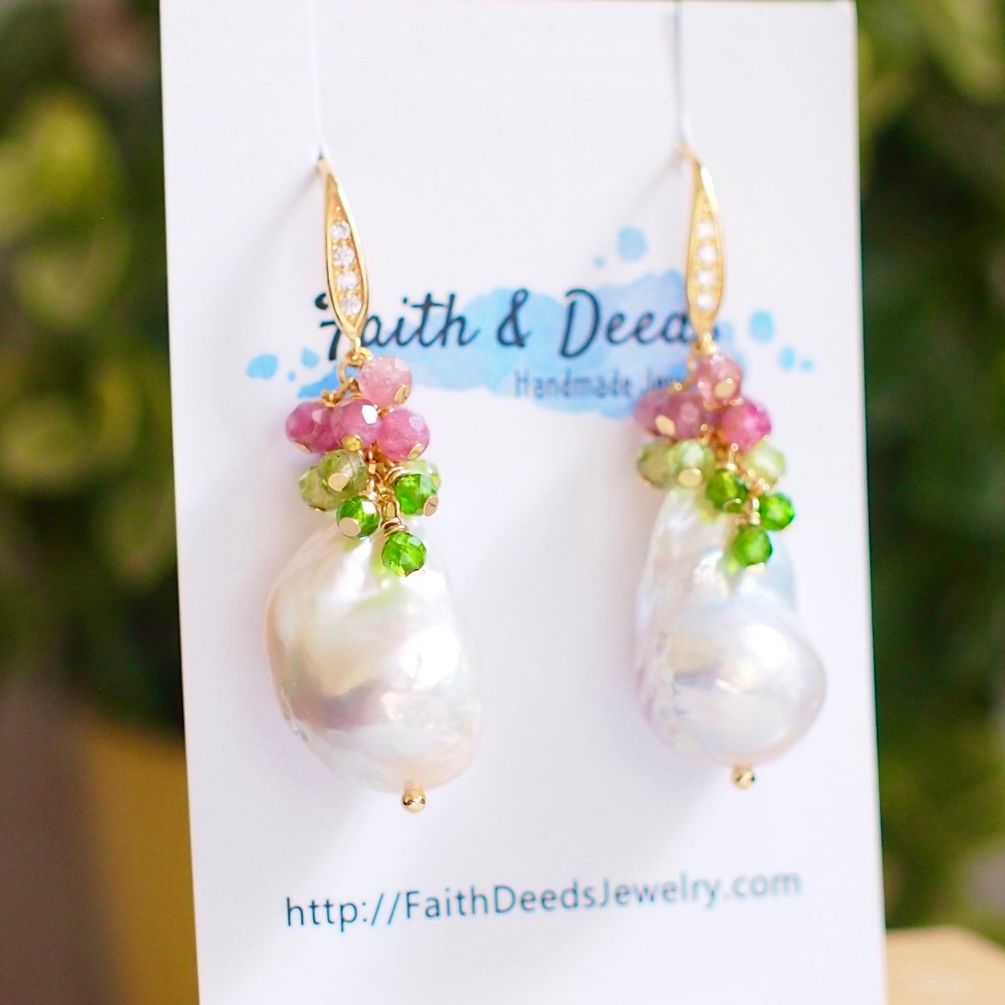 Baroque Pearl Earrings // Statement Earrings // Gems Cluster // Pink Tourmaline x Apatite x Peridot // 14K Gold-filled