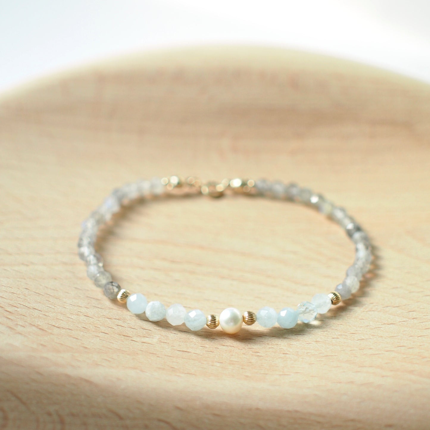 Aquamarine x Labradorite Bracelet // Pearl Charm // Dainty // 14K Gold-filled