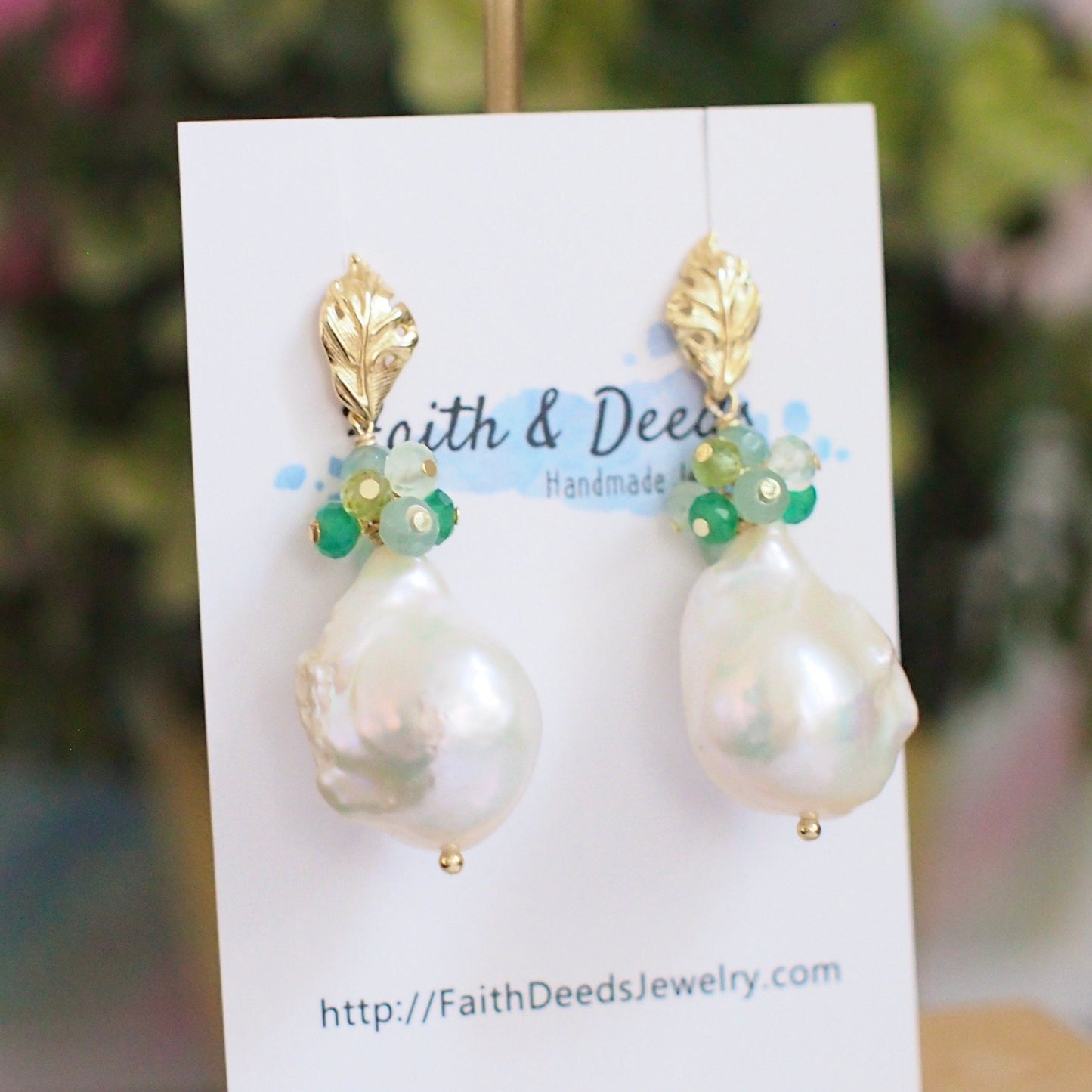 Baroque Pearl Earrings // Flameball Pearls // Green Gem Cluster // 14K Gold-filled // Stunning & Lovely