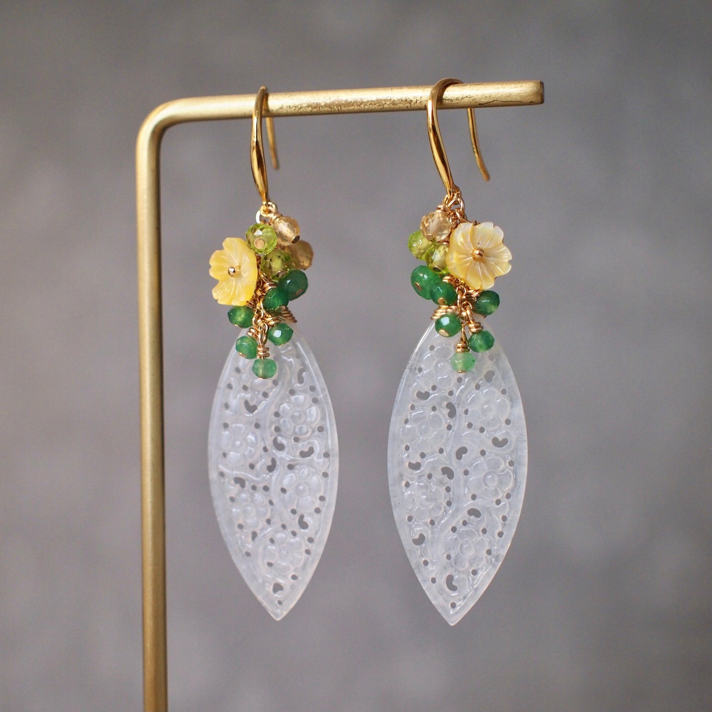 Type A White Carved Jadeite Statement Earrings // Gem Cluster // Aventurine x Peridot x Citrine Quartz // 14K Gold-filled// Modern & Elegant