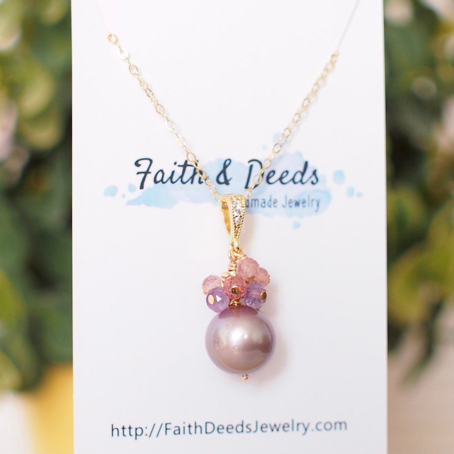 Edison Pearl Pendant // Natural Pinkish Purple // Amethyst x Strawberry Quartz Cluster // 14K Gold-filled