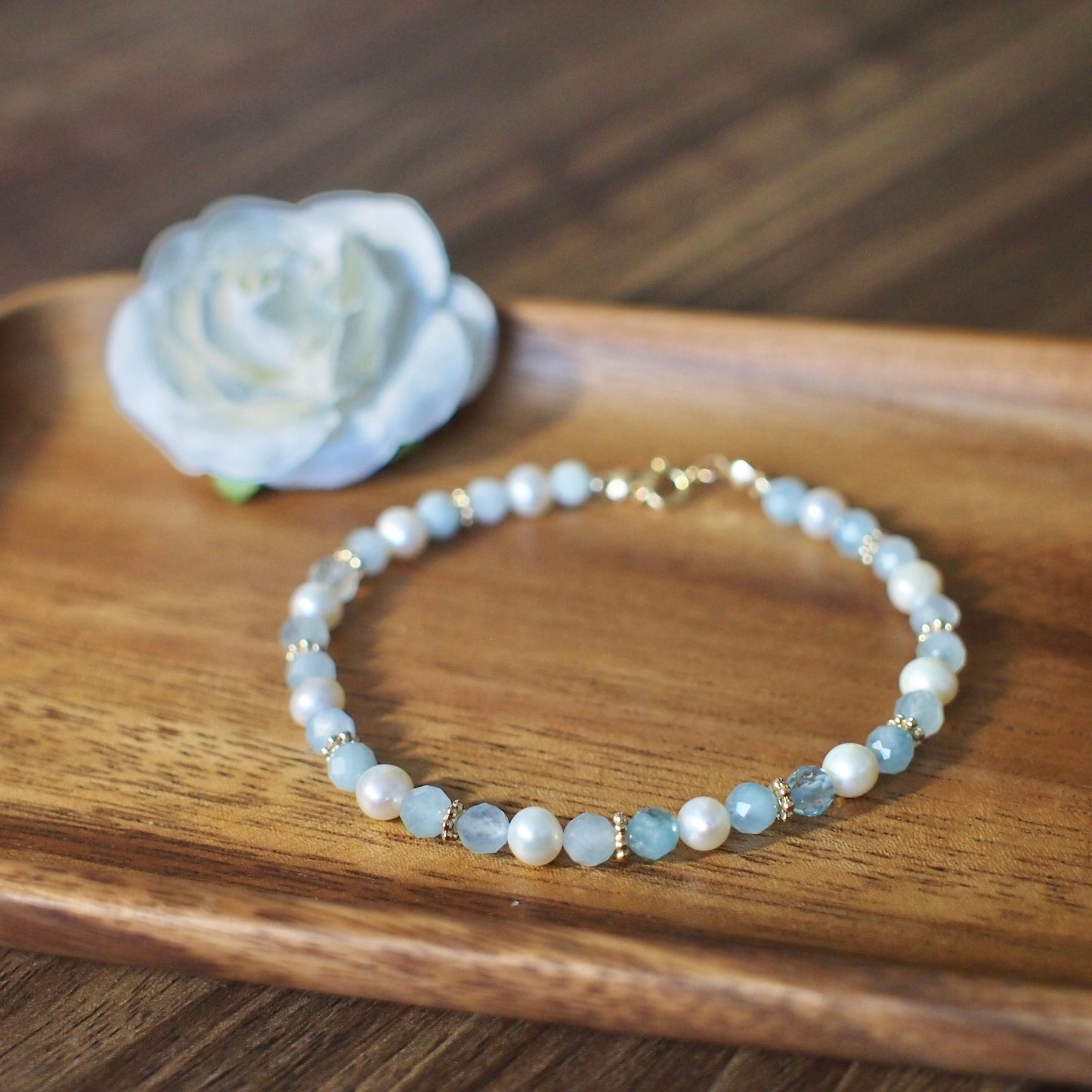 Aquamarine x Pearl Bracelet // Feminine & Chic // Stackable // 14K Gold-filled
