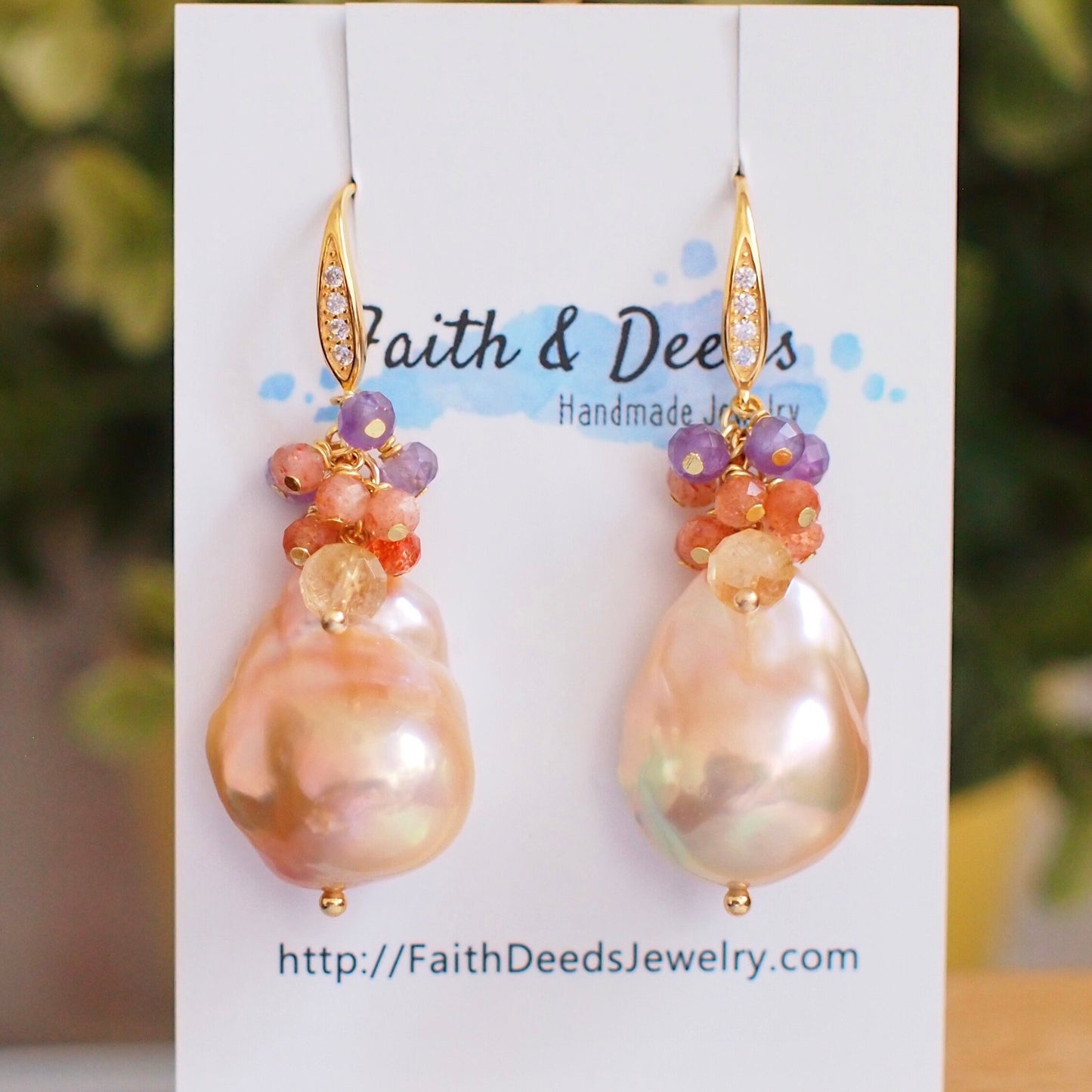 Rainbow Baroque Pearl Earrings // Gems Cluster // Flameball Pearls // Citrine Quartz x Sunstone x Amethyst // 14K Gold-filled // Vibrant