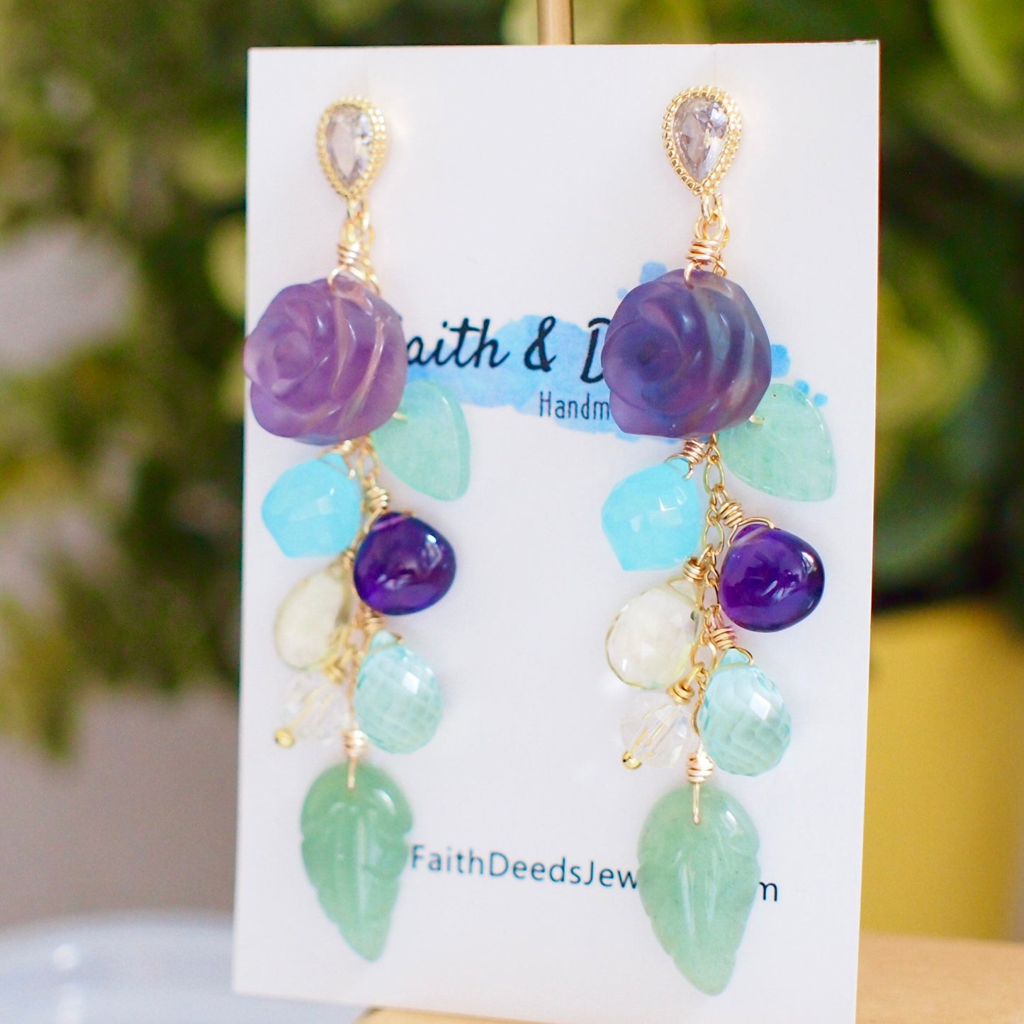 Carved Fluorite Rose x Multi Stones Earrings // Dangling Style // Statement Earrings // 14K Gold-filled
