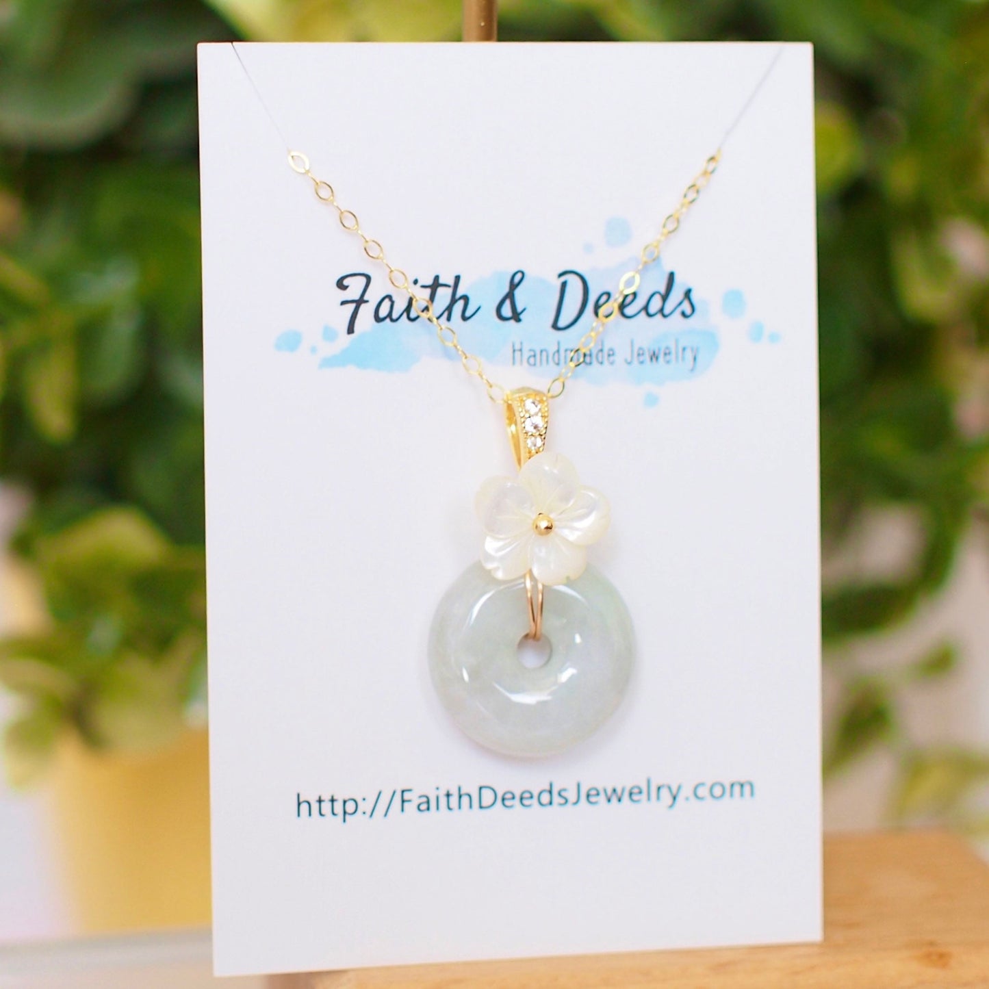 Type A Burmese Jade Donut Pendant // Mother-of-Pearl Flower // 14K Gold-filled // Simple & Graceful