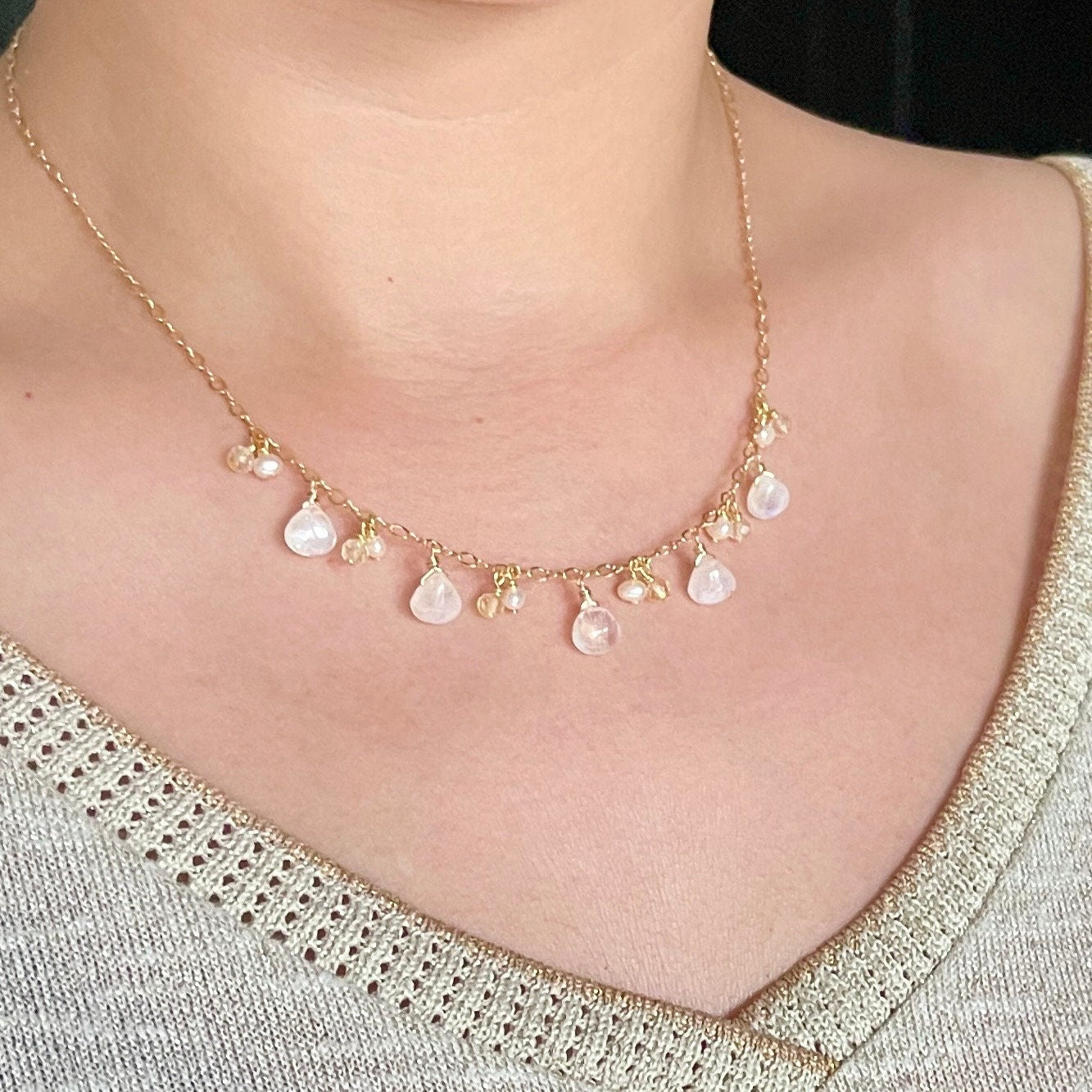 Rainbow Moonstone Necklace // Pearls x Citrine Quartz // 14K Gold-filled // Dainty and Graceful