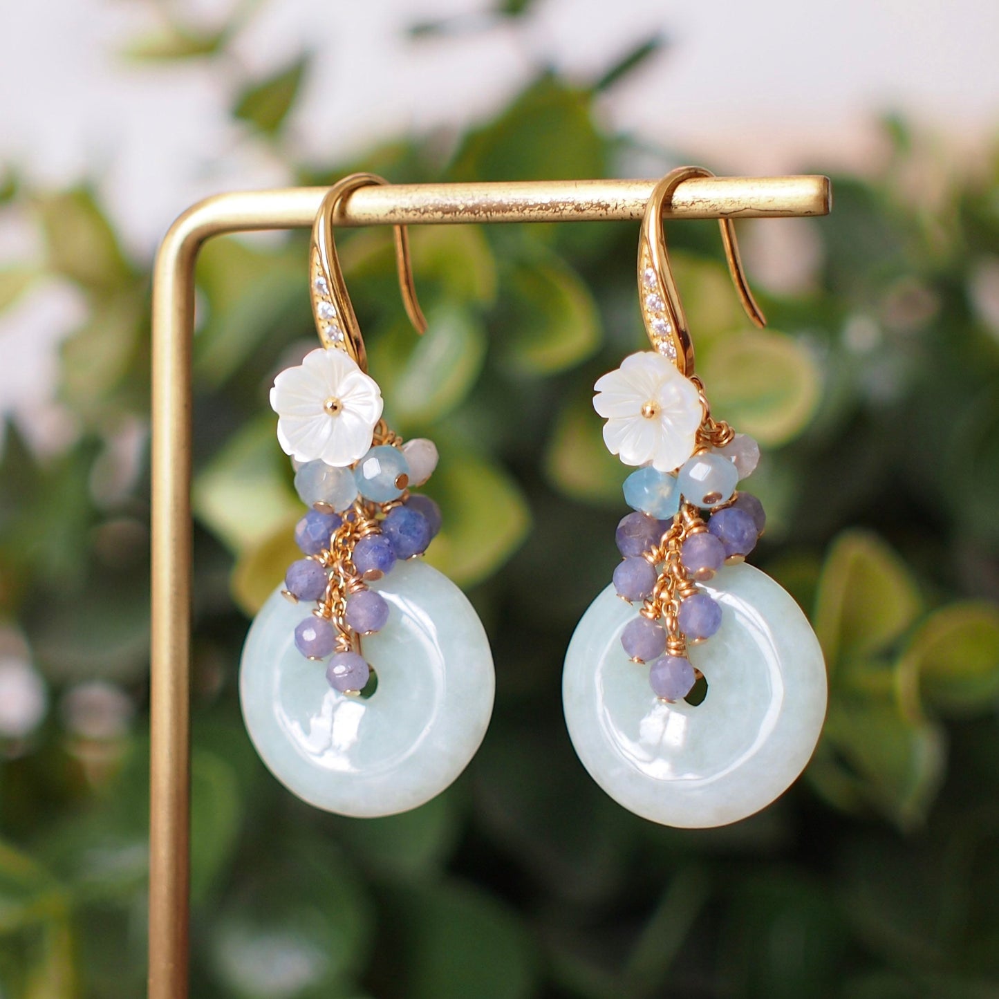 Type A Burmese Jade Donut Earrings // Gem Cluster // Mother of Pearl Flower // 14K Gold-filled // Dreamy & Romantic