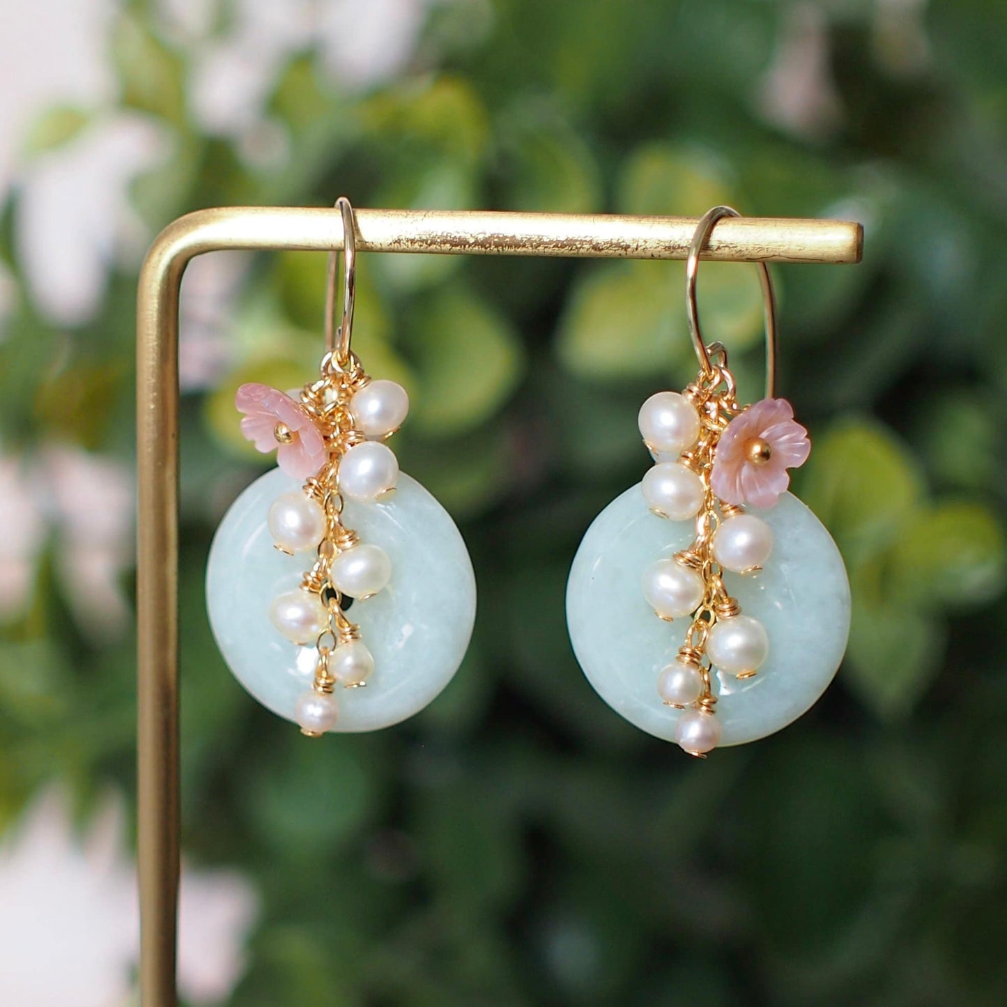 Type A Burmese Jade Donut Earrings // Pearl Cluster // Mother of Pearl Flower // 14K Gold-filled // Romantic & Graceful