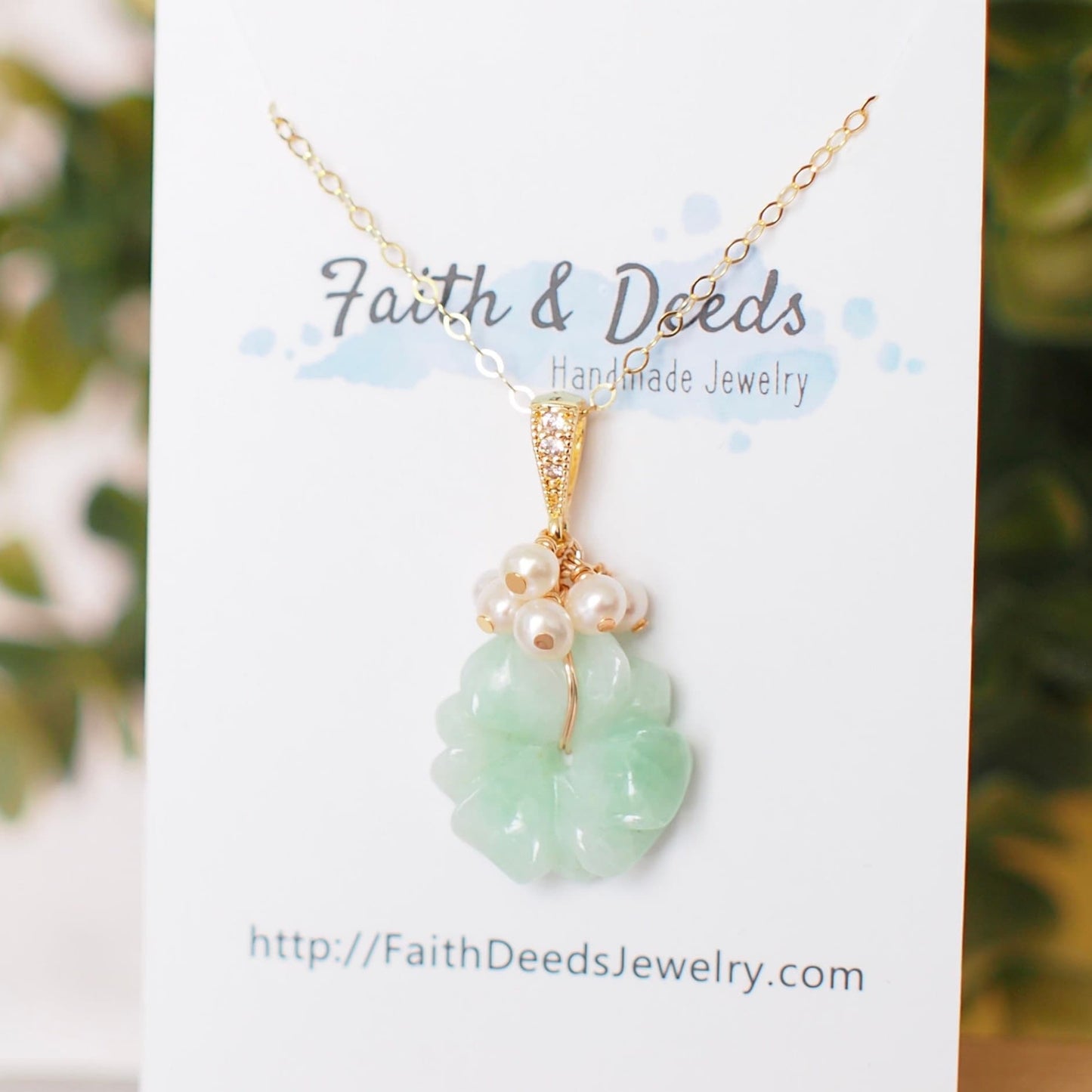 Type A Burmese Jade Flower Pendant // Fresh Water Pearl// 14K Gold-filled // Sweet & Classy