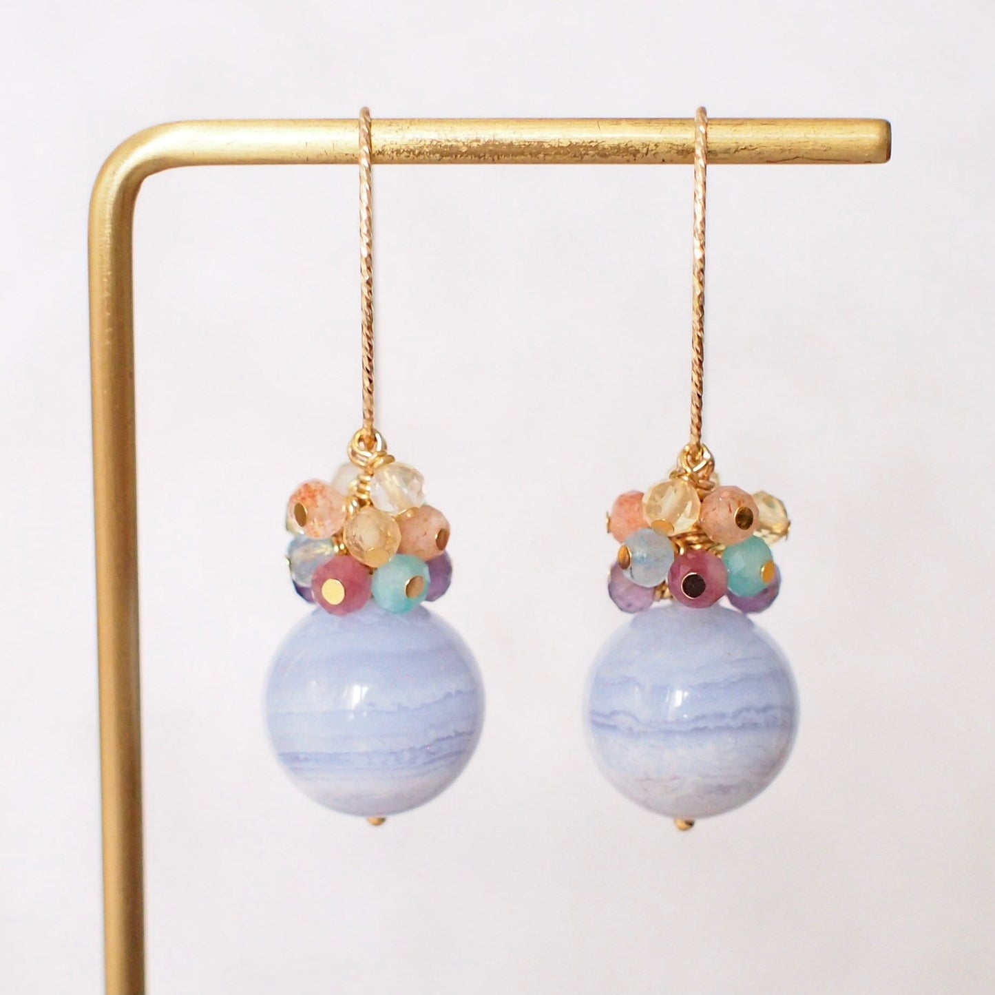 Blue Lace Agate Earrings // Rainbow Gems Cluster// Statement Earrings // 14K Gold-filled // One of kind