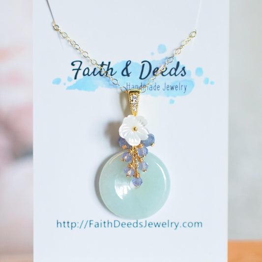 Type A Burmese Jade Donut Pendant // Tanzanite Cluster // 14K Gold-filled