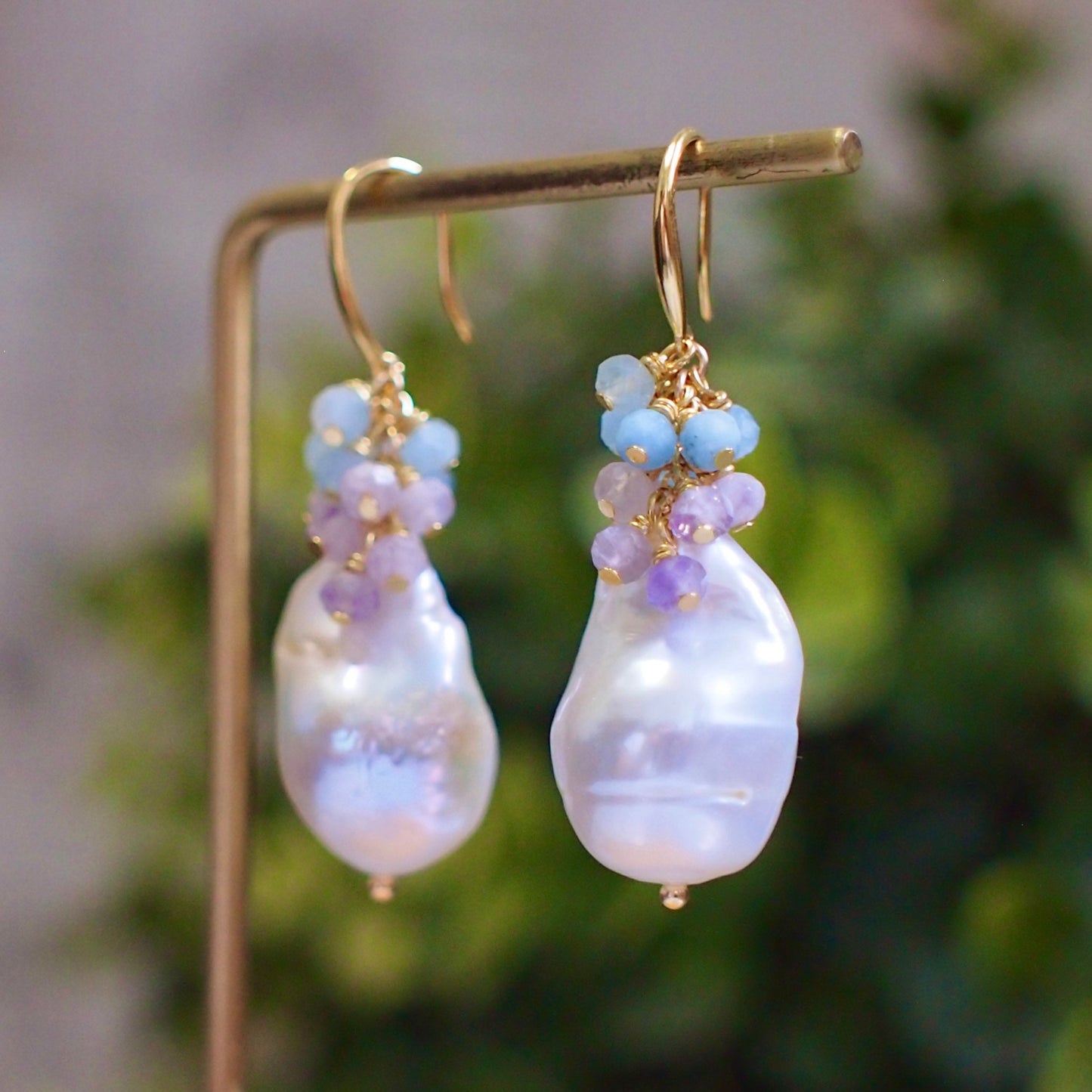 White Baroque Pearl Earrings // Flameball Pearls // Pastel Gem Cluster // Amethyst x Aquamarine // 14K Gold-filled // Sweet & Graceful