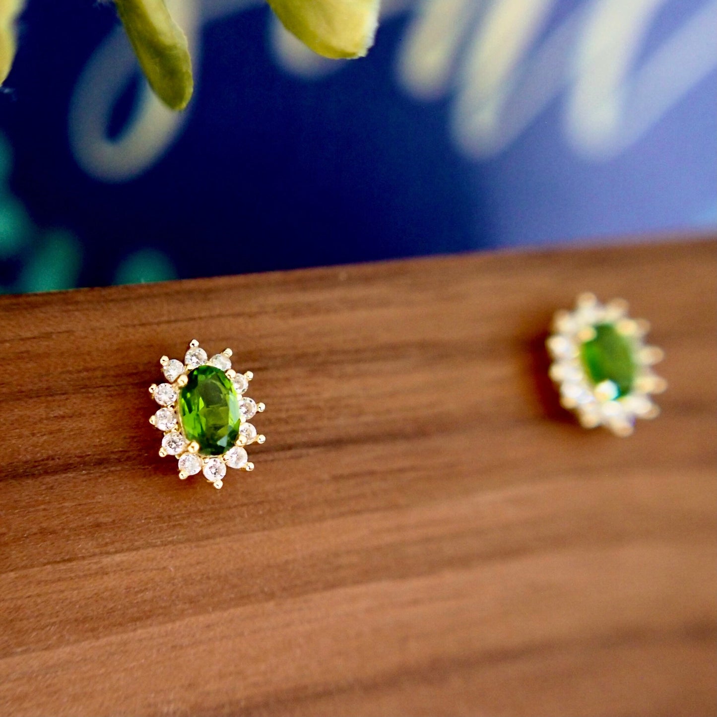 Diopside Earrings // Halo Setting // Cubic Zirconia // 14K Yellow Gold Plated Over Silver