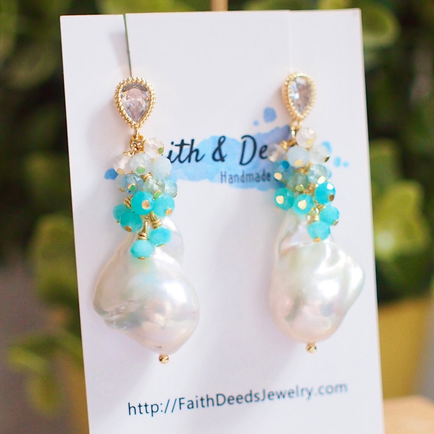 White Baroque Pearl Earrings // Flameball Pearls // Blue Gem Cluster // Ocean Theme // 14K Gold-filled // Sparkly & Stunning