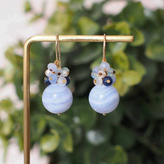 Blue Lace Agate Earrings // Blue Stones x Pearls Cluster// 14K Gold-filled // Lovely & Feminine