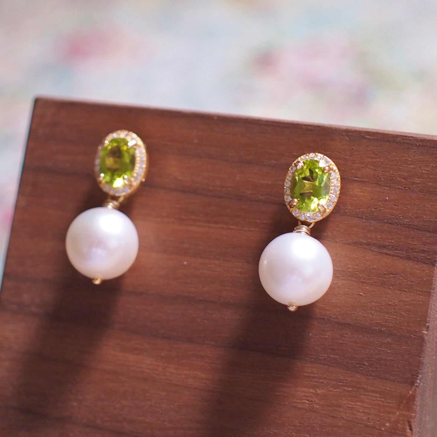 Peridot Earrings // Halo Setting // Cubic Zirconia // 18K Yellow Gold Plated Over Silver