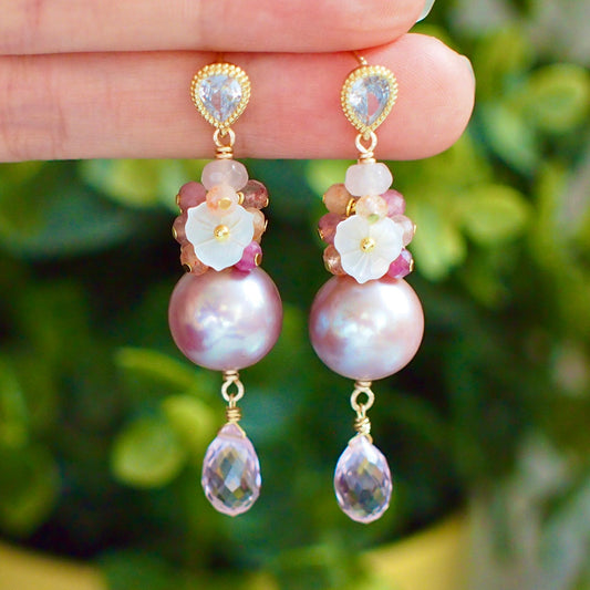 Purple Edison Pearl x Pink Quartz Earrings // Gem Cluster // 14K Gold-filled // Sweet & Unique