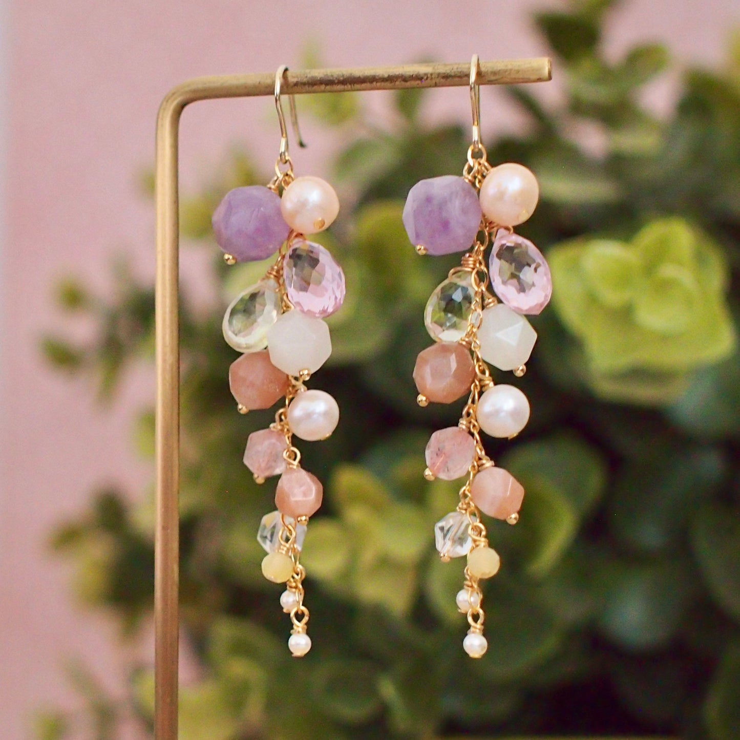 Multi Stones Dangle Earrings // Lilac Floral Theme // Dangling Style // Gems Cluster // Sparkly & Precious // 14K Gold-filled