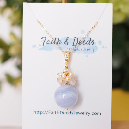 Blue Lace Agate Pendant // Gem Pendant // Moonstones x Pearls Cluster // 14K Gold-filled // Sweet and Graceful
