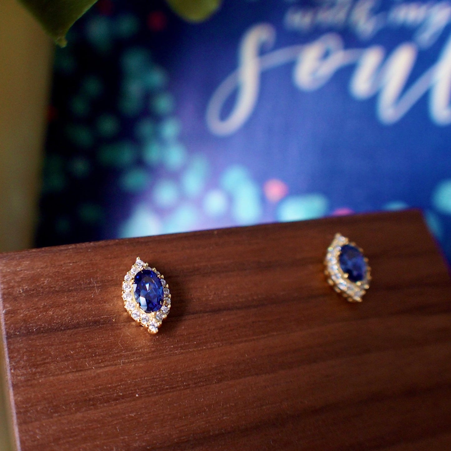 Blue Spinel Earrings // Halo Setting // Cubic Zirconia // 14K Yellow Gold Plated Over Silver
