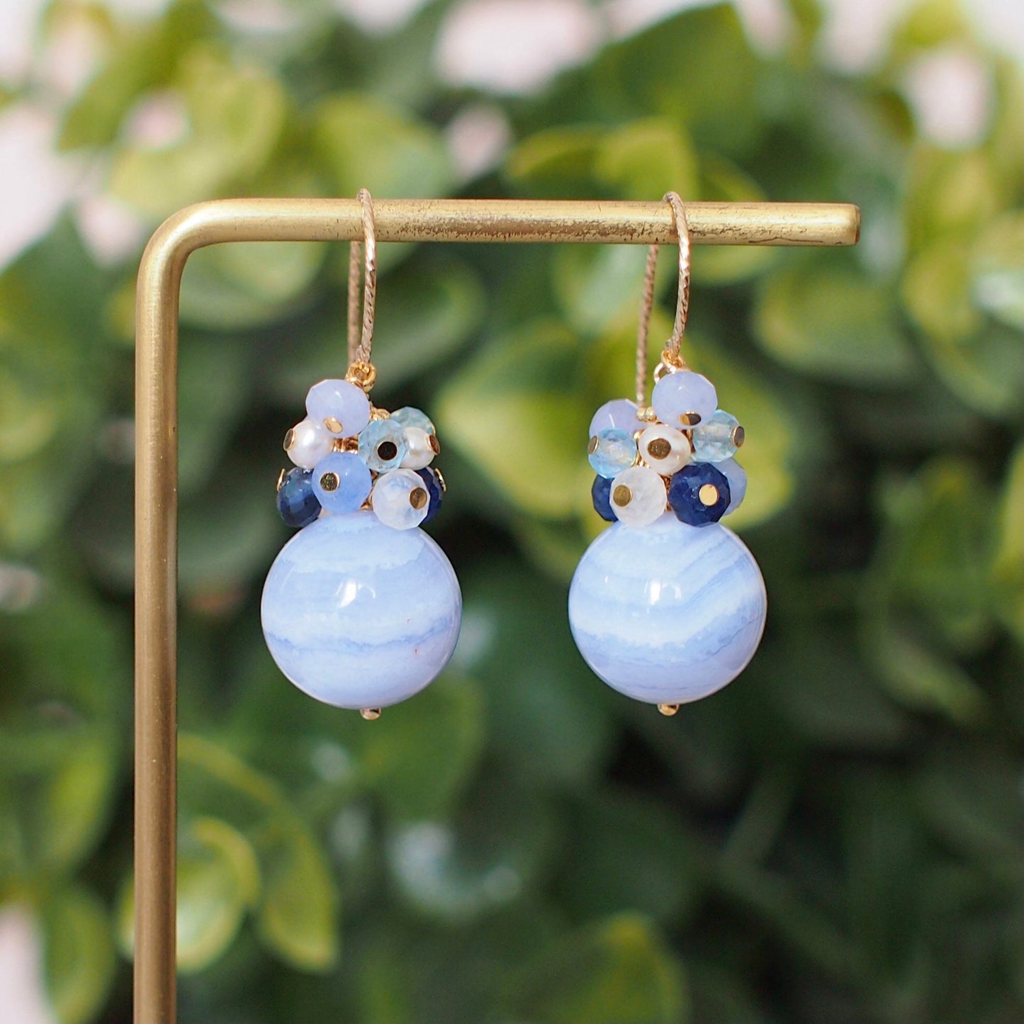 Blue Lace Agate Earrings // Blue Stones x Pearls Cluster// 14K Gold-filled // Lovely & Feminine