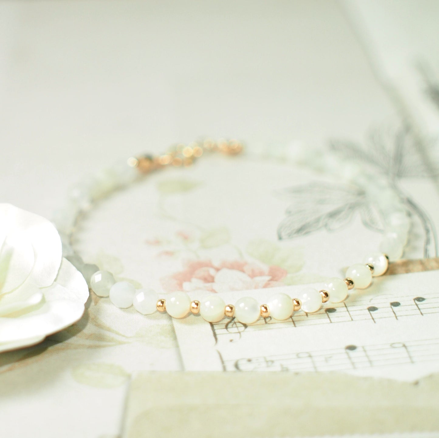 Moonstones x Mother of Pearl Bracelet // Sophisticated & Sleek // Dainty // Stackable // 14K Gold-filled