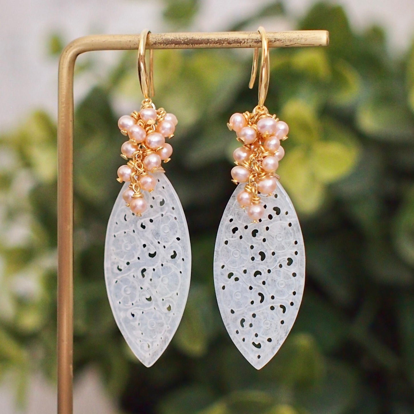 Type A White Carved Jadeite Statement Earrings // Peach Pearl Cluster // 14K Gold-filled // Graceful & Regal