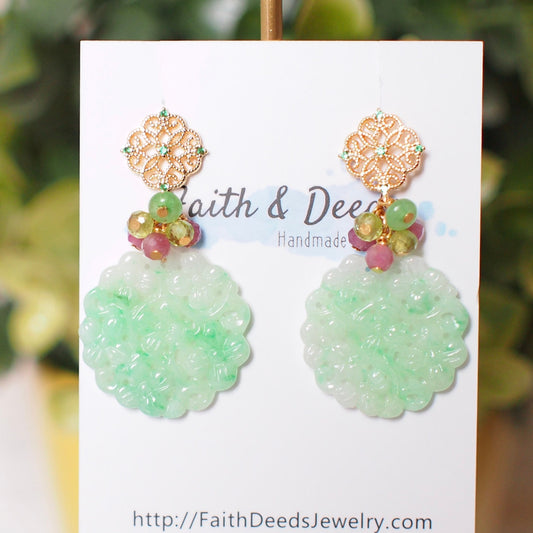Type A Carved Jadeite Statement Earrings // Gem Cluster // 14K Gold-filled // Feminine & Elegant