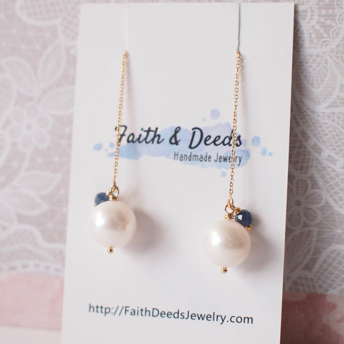 Fresh Water Pearl Earrings // Simple Threader Earrings // Blue Sapphire // 14K Gold-filled // Dangling Style // Sassy