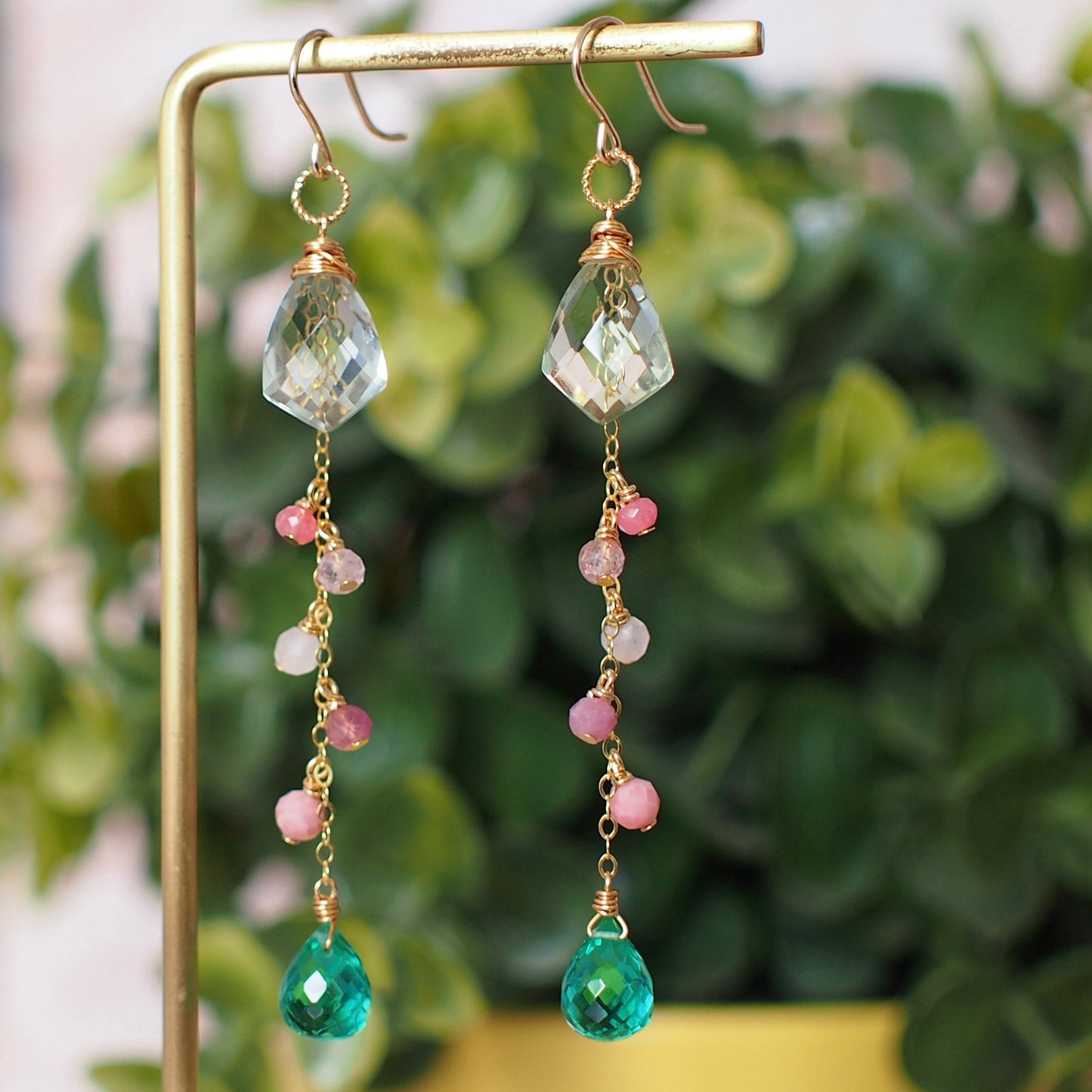 Green Amethyst x Green Quartz Earrings // Dangling Style // 14K Gold-filled // Wire-wrapped // Assorted Gems // Refreshing & Feminine
