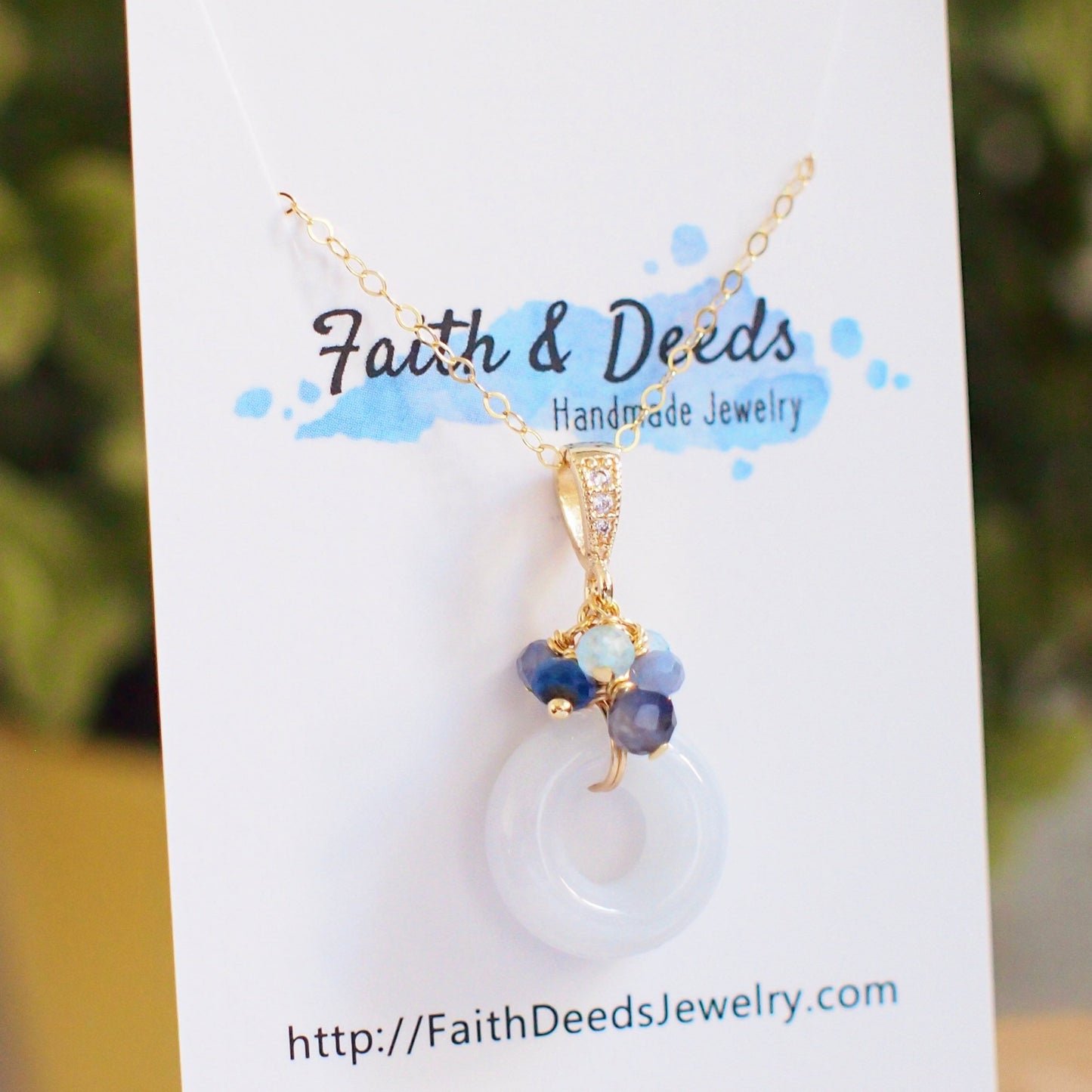 Type A Burmese White Jade Ring Pendant // Blue Gem Cluster // 14K Gold-filled // Dainty & Chic