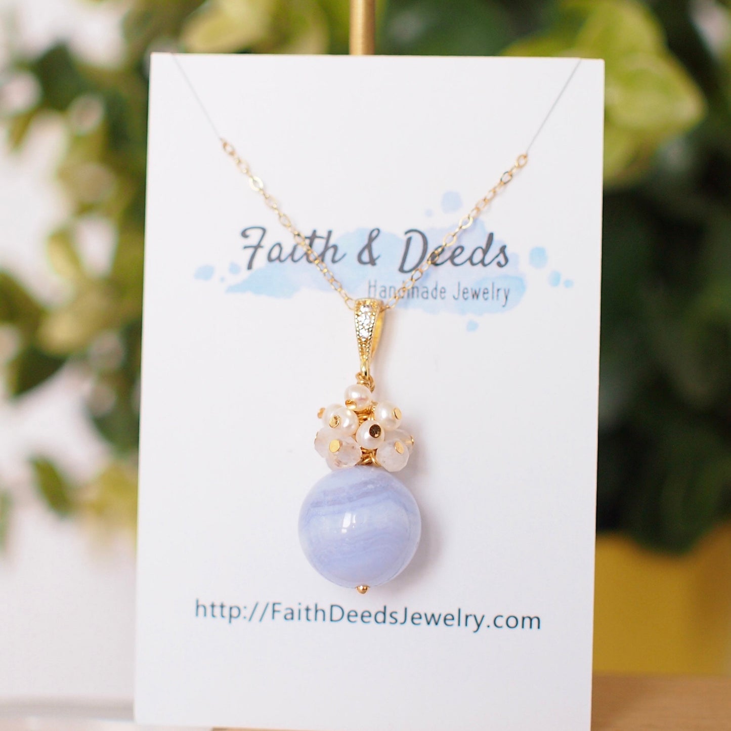 Blue Lace Agate Pendant // Gem Pendant // Moonstones x Pearls Cluster // 14K Gold-filled // Sweet and Graceful